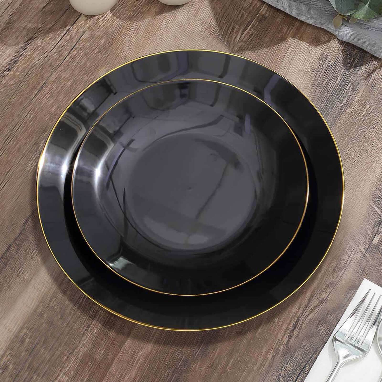 10-Pack Plastic 8 Round Dessert Plates in Black with Gold Rim - Glossy Disposable Appetizer Salad Plates