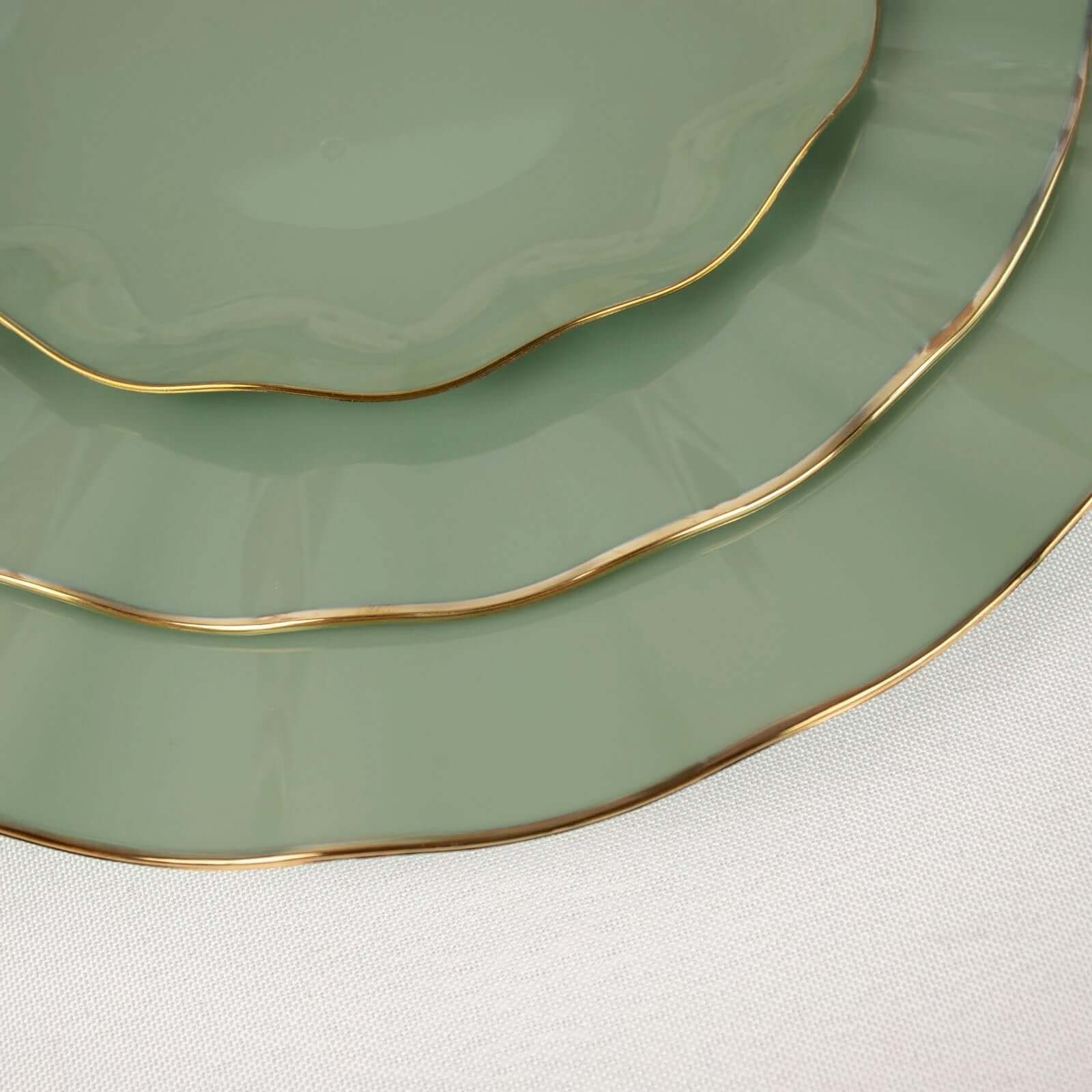 10-Pack Plastic 9 Round Dinner Plates in Dusty Sage Green Ruffled Rim with Gold Edging - Sturdy Disposable Dinnerware