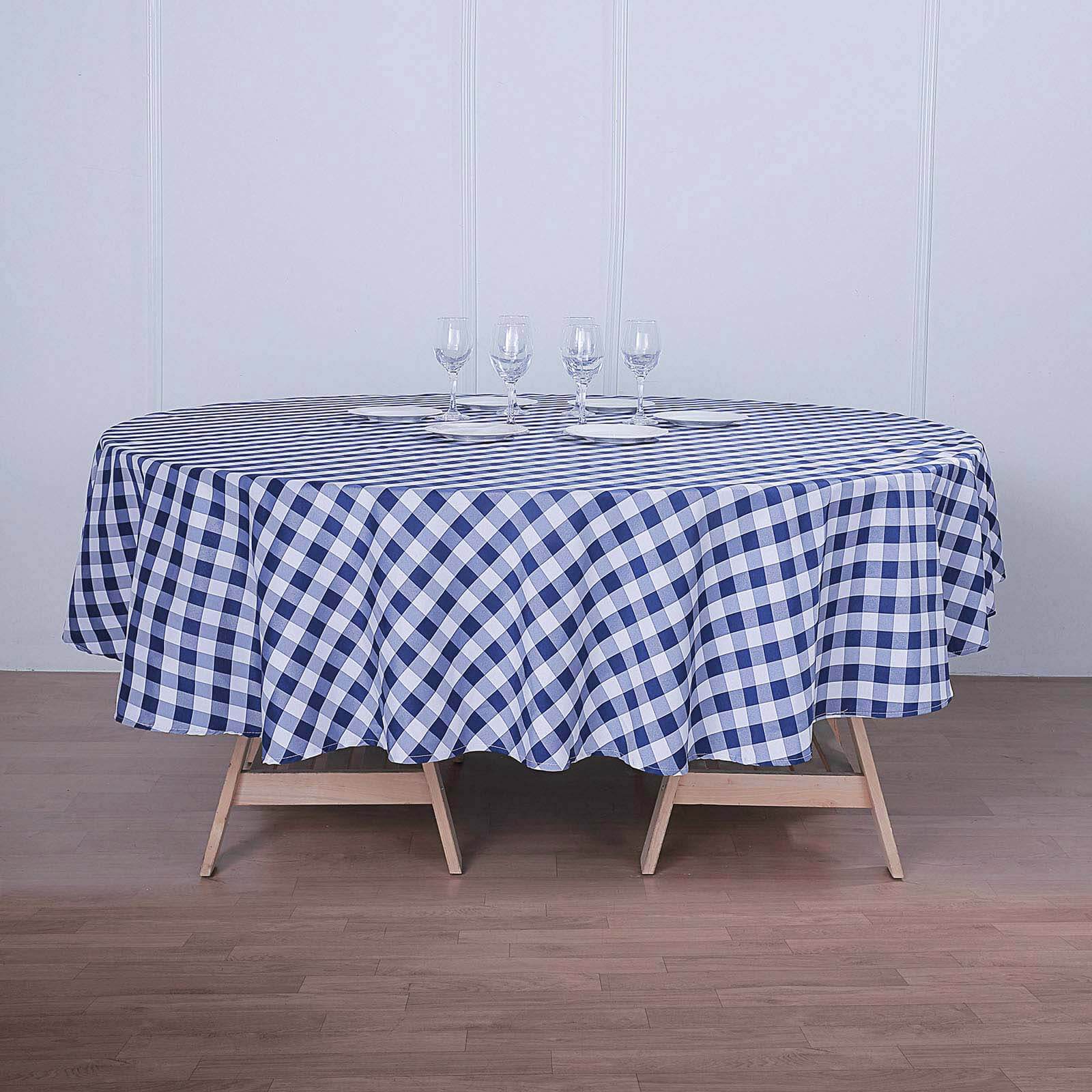 Polyester 108 Round Tablecloth White/Navy Blue - Checkered Buffalo Plaid Table Cover