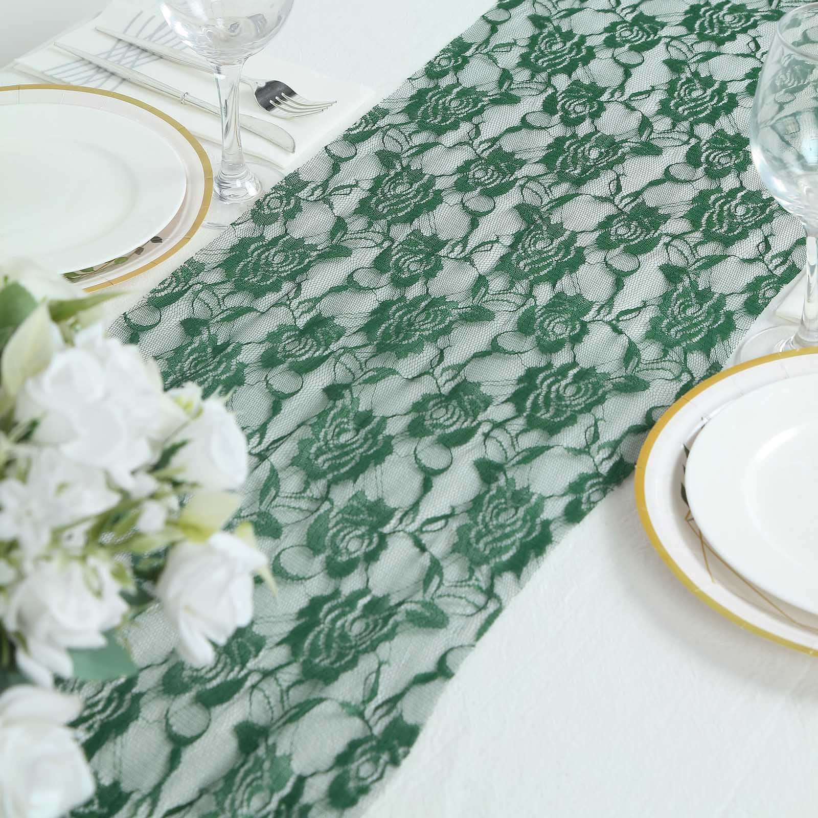 Lace 12x108 Table Runner Hunter Emerald Green - Vintage Rose Pattern Table Decor