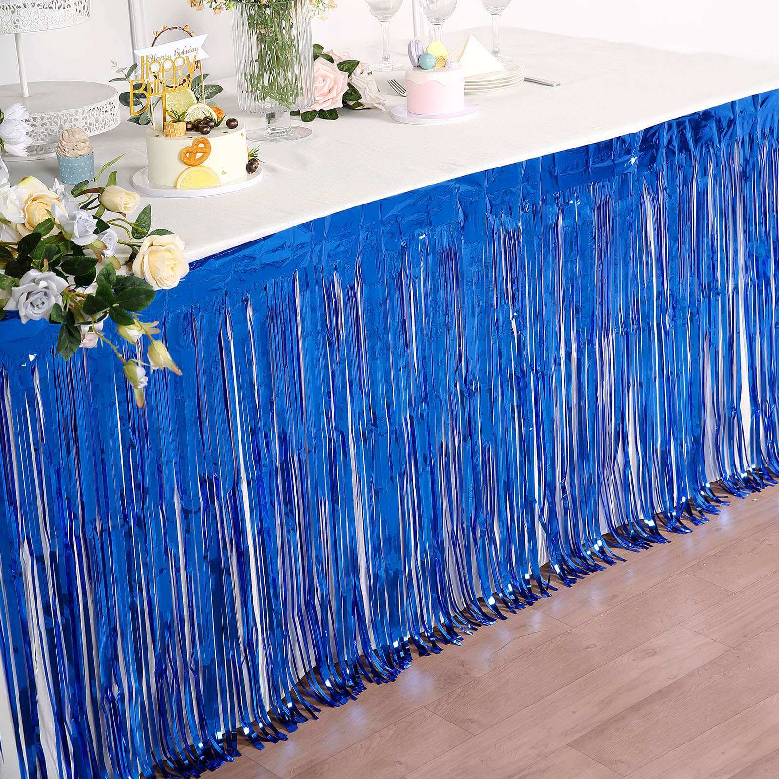 Metallic Foil Fringe Table Skirt Royal Blue with Self Adhesive Backing - Durable Tinsel Skirt for Parties 30x9ft