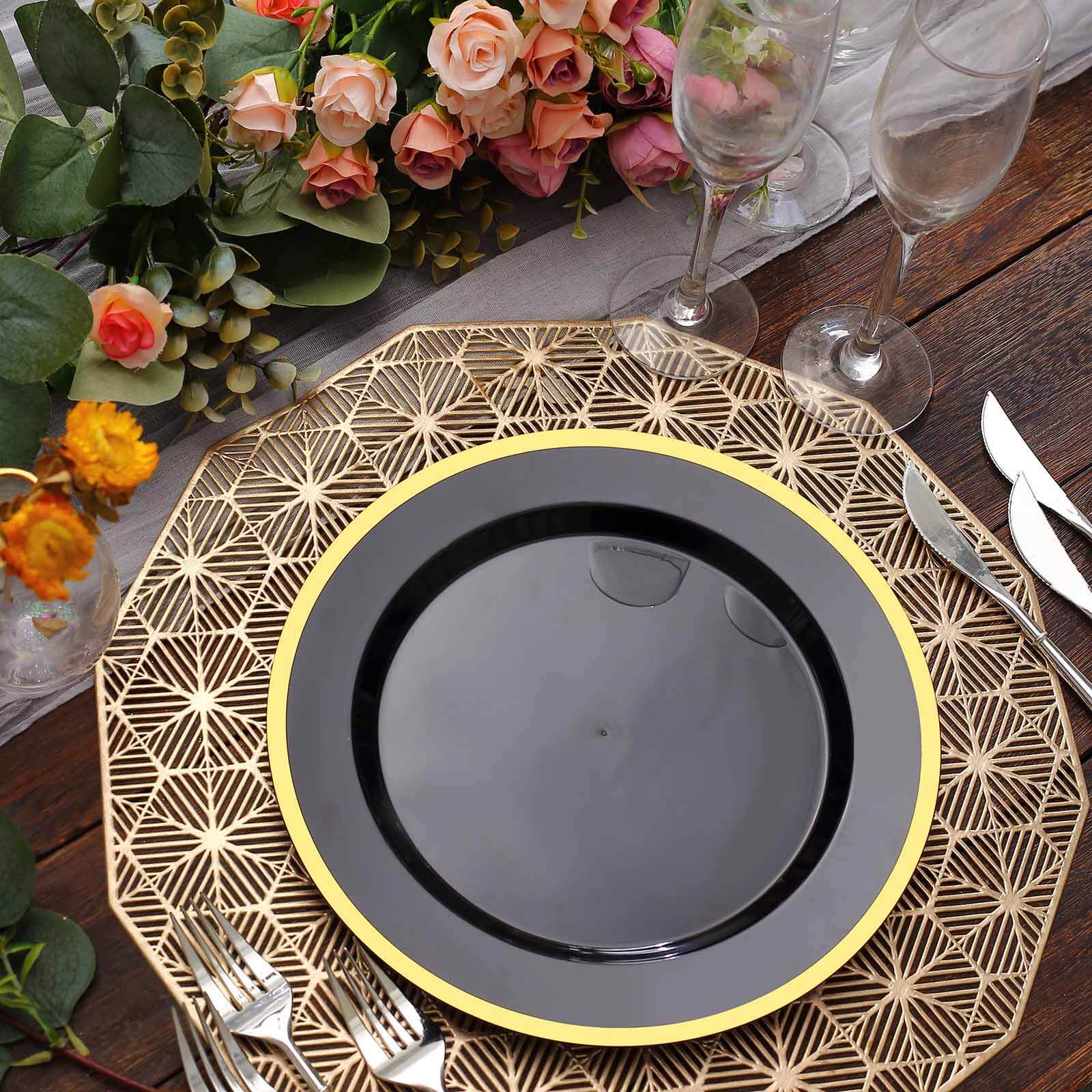 10-Pack Plastic 10 Round Dinner Plates in Black with Gold Rim - Disposable Party Plates for Classy Banquets & Special Occasions