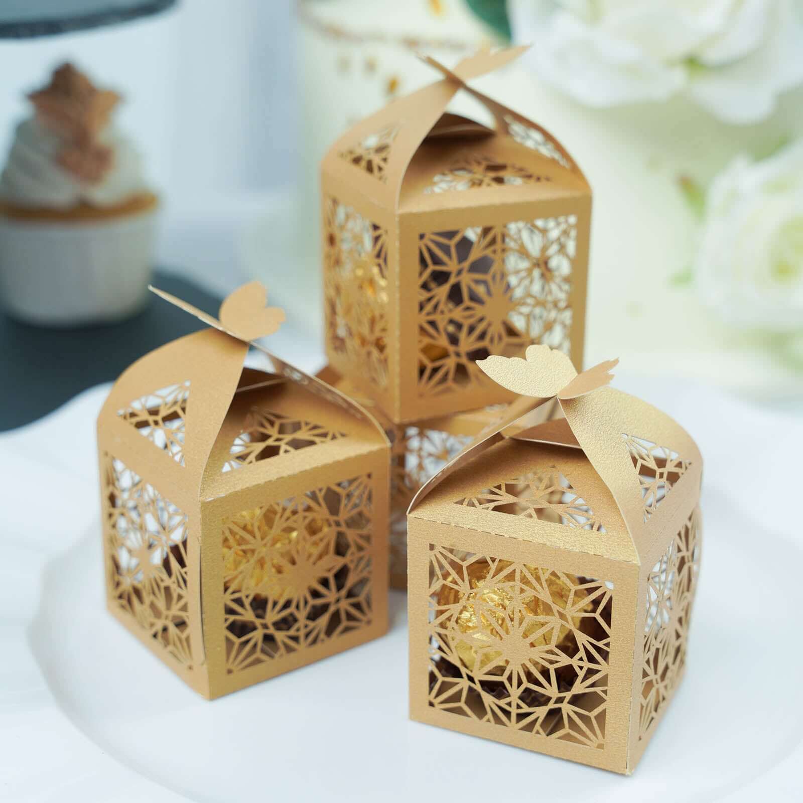 25 Pack Gold Butterfly Top Laser Cut Lace Favor Candy Gift Boxes