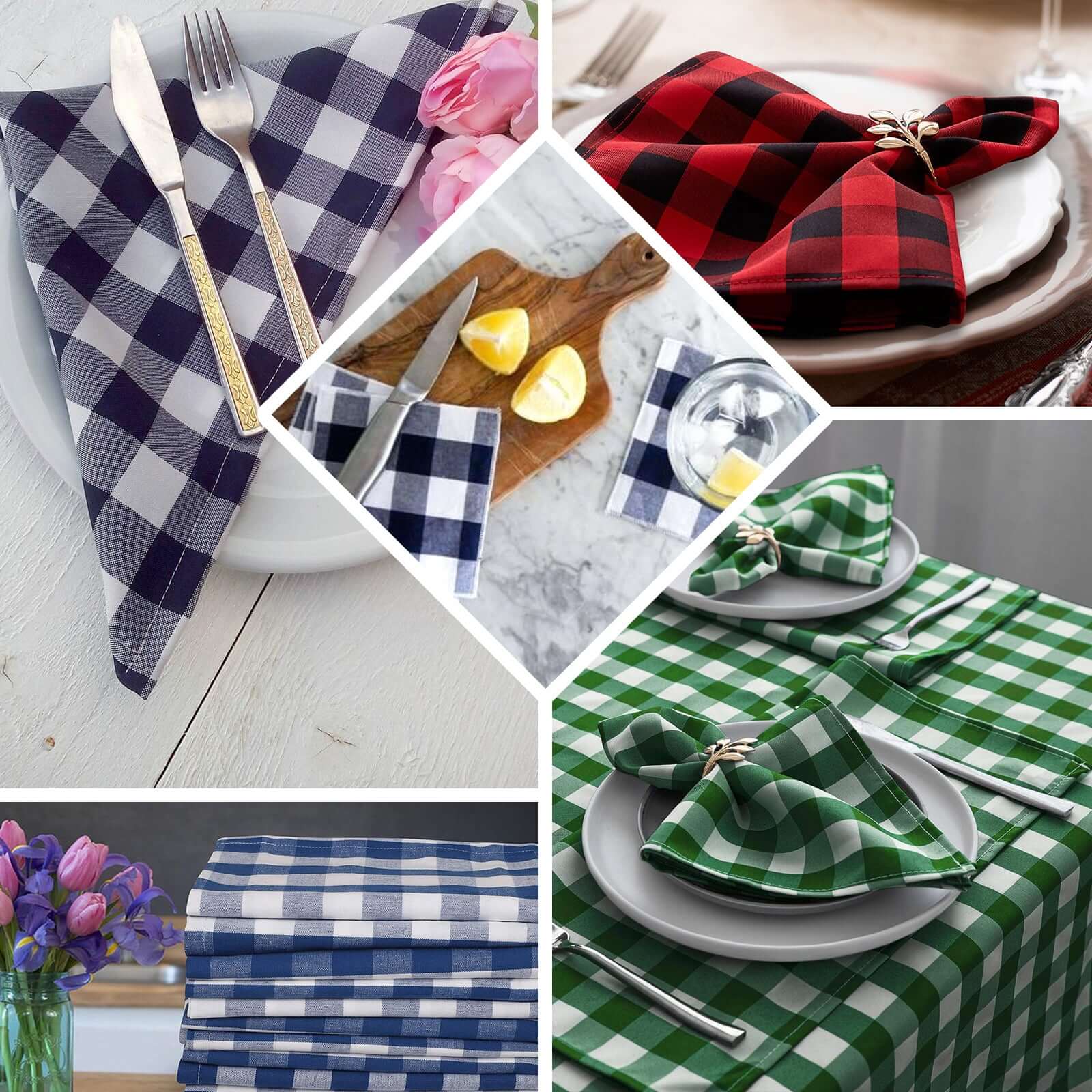 5 Pack Polyester 15x15 Napkins Black/Red Buffalo Plaid Gingham Style Cloth Napkins