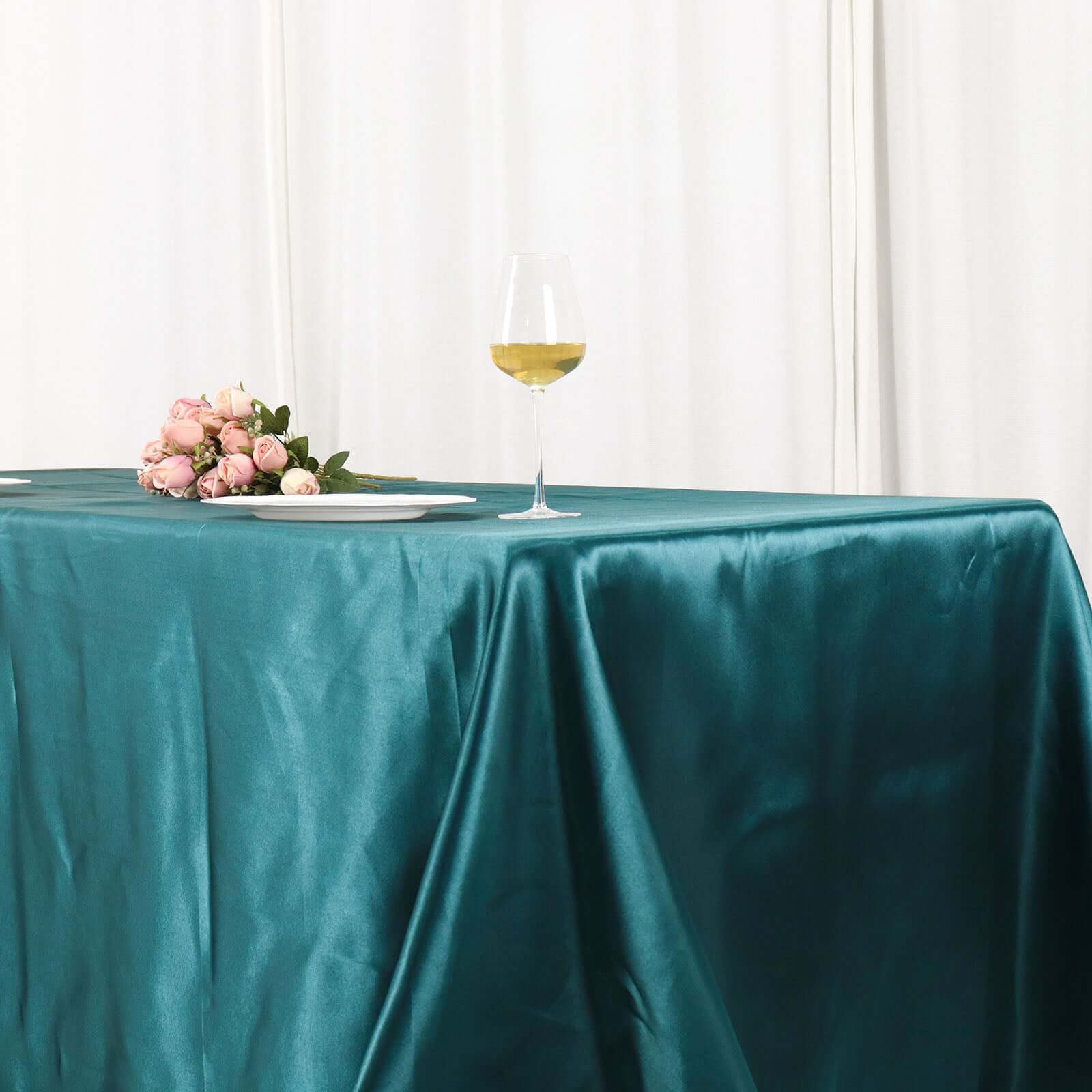 Satin Rectangular 90x132 Tablecloth Peacock Teal Satin - Seamless Table Cover