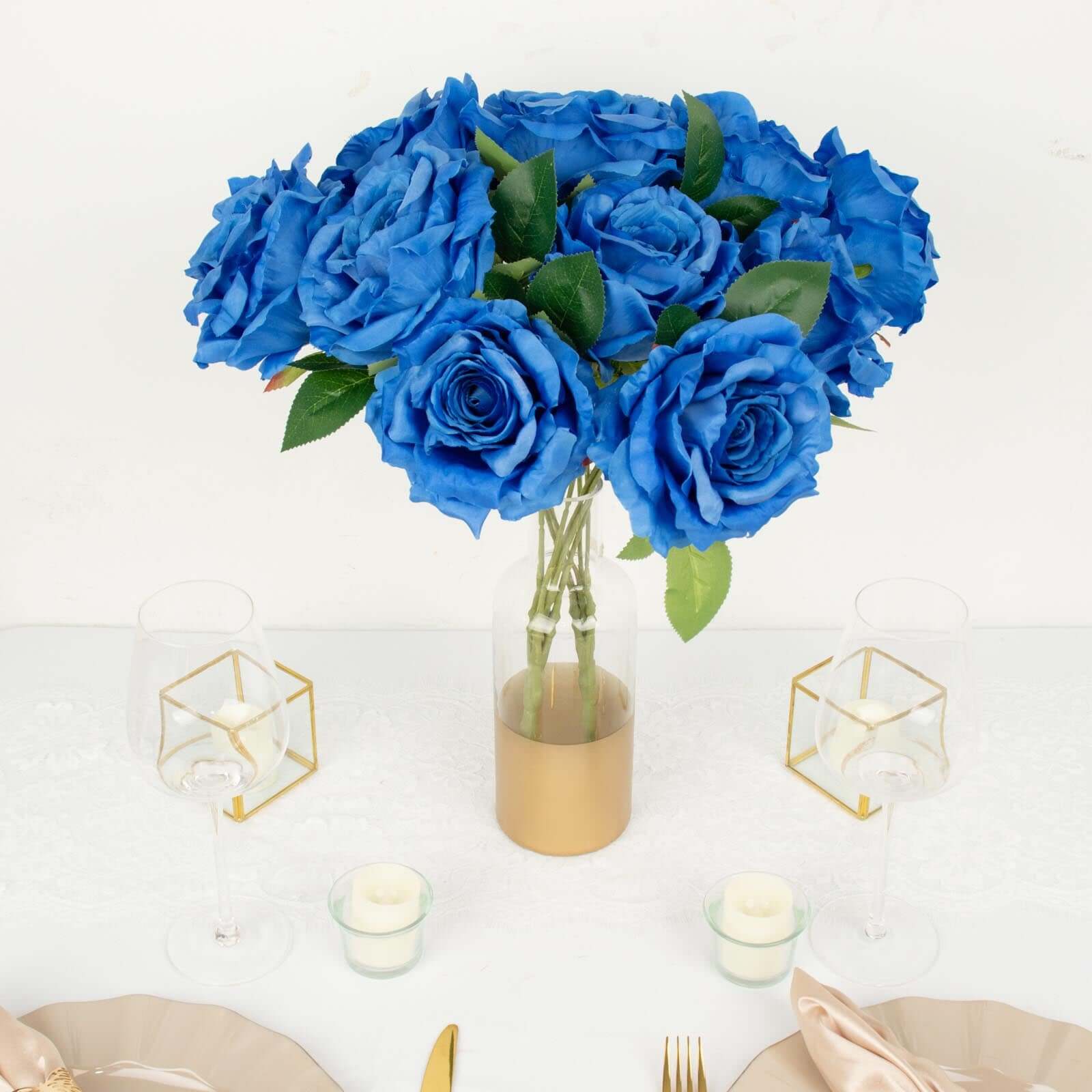 2 Bushes 17 Royal Blue Premium Silk Jumbo Rose Flower Bouquet, High Quality Artificial Wedding Floral Arrangements