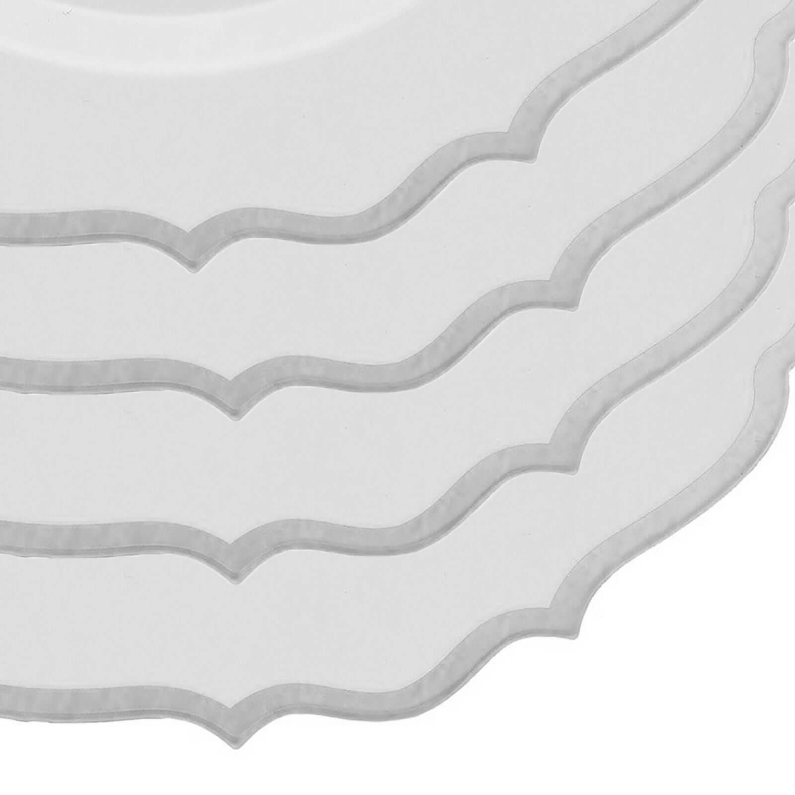 10-Pack Plastic 10 Round Dinner Plates in White with Silver Scalloped Rim - Disposable Party Plates