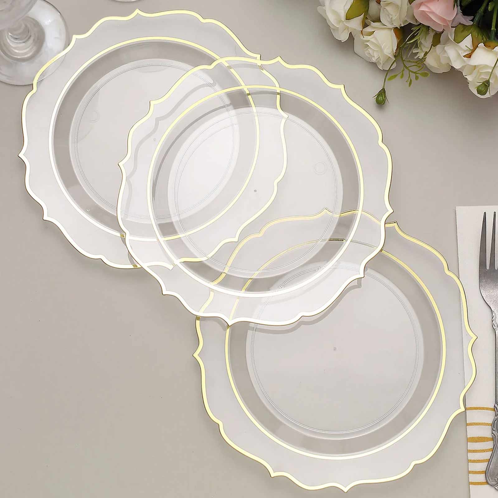 10-Pack Plastic 8 Round Desert Plates in Clear with Gold Scalloped Rim - Disposable Appetizer/Salad Plates