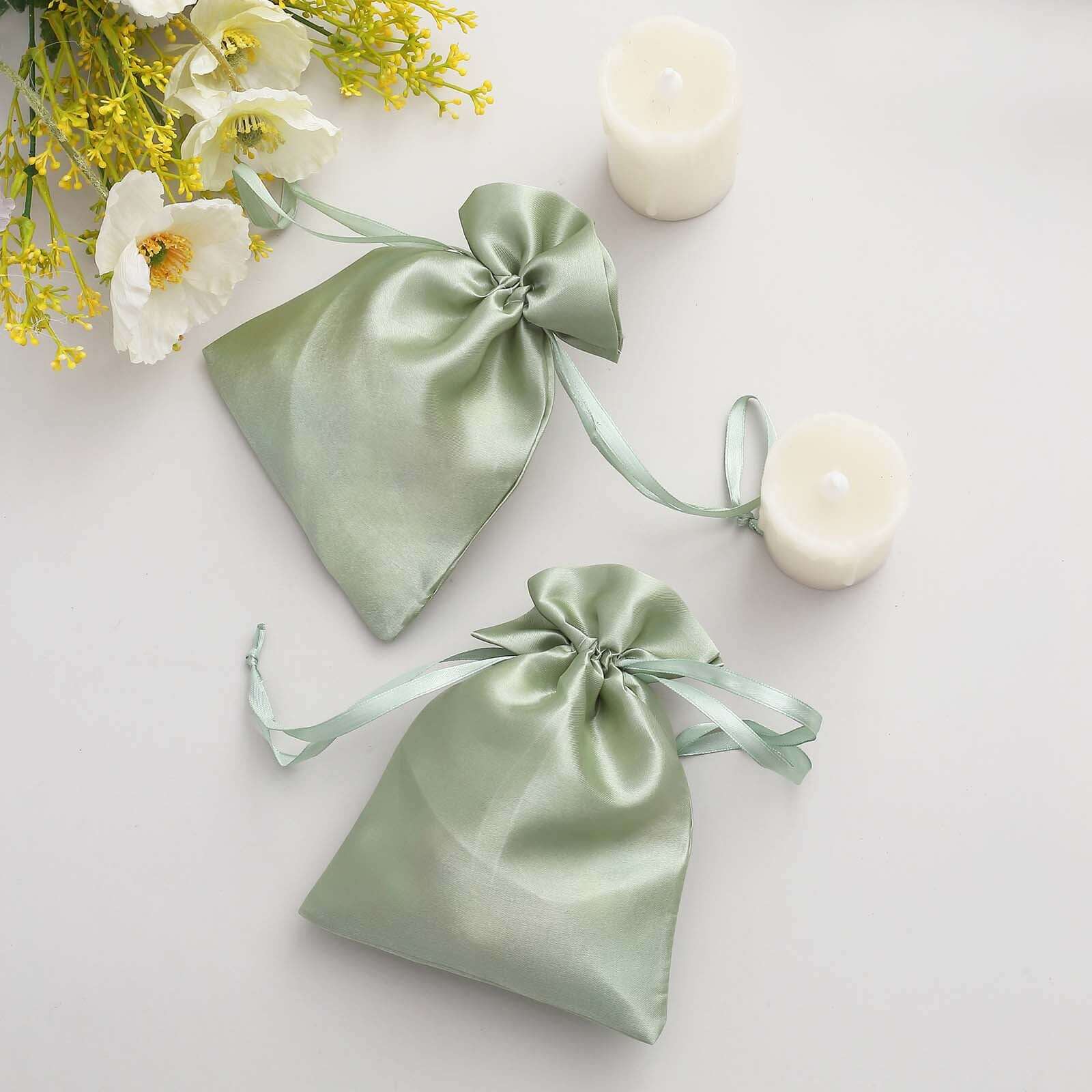 12 Pack 5x7 Sage Green Satin Drawstring Wedding Party Favor Gift Bags, Drawstring Pouch Gift Bags