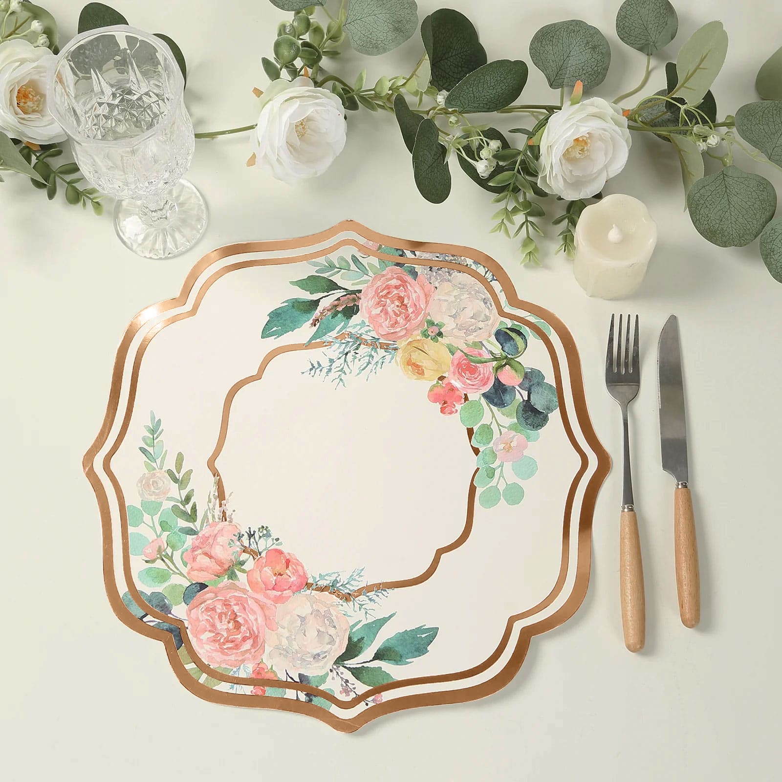 10-Pack Disposable Table Placemats in White with Peony Flowers Print & Rose Gold Scalloped Rim - Floral Cardboard Placemats for Dinner Parties & Gatherings 13