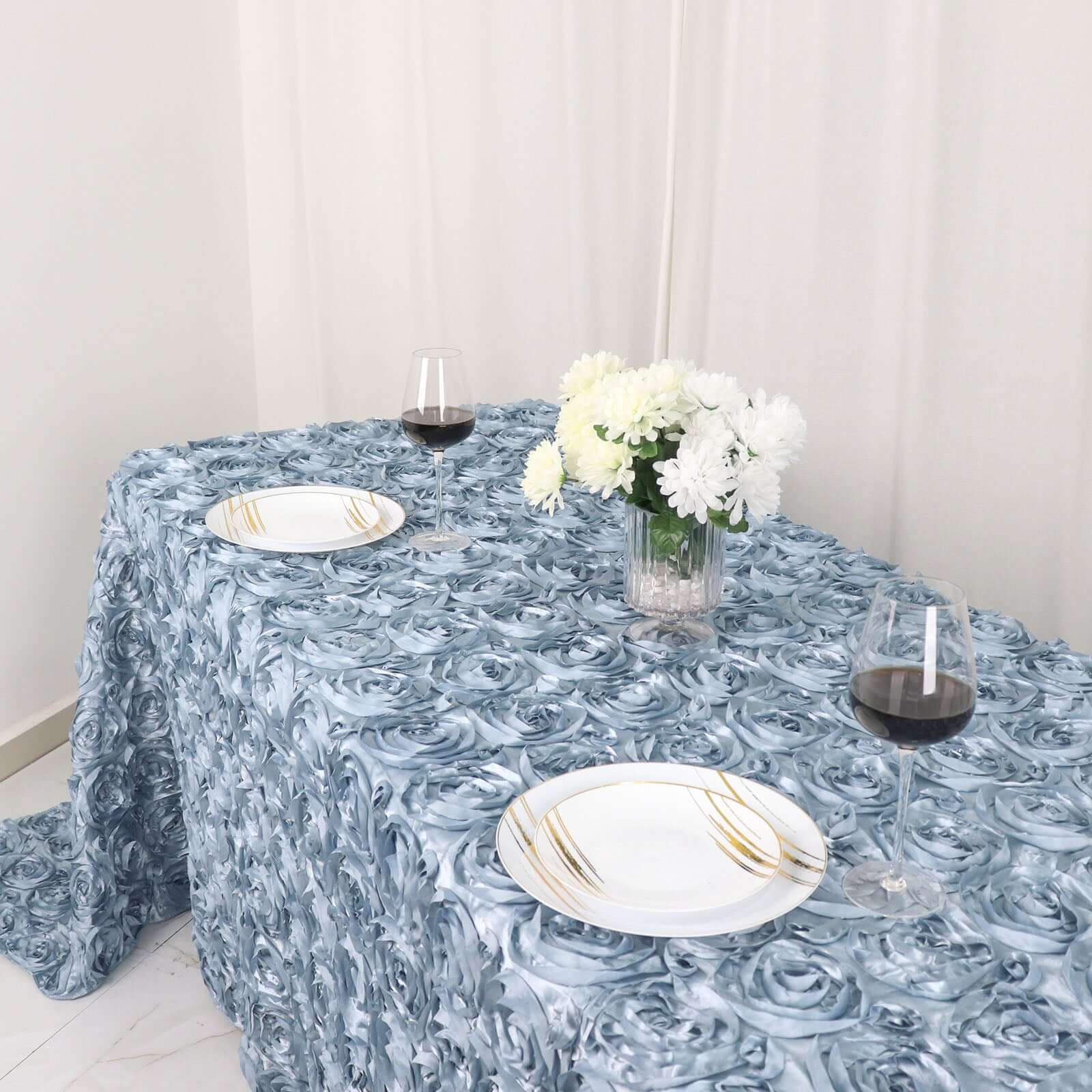 Satin 90x132 Rectangle Tablecloth Dusty Blue - Grandiose 3D Rosette Seamless Table Cover