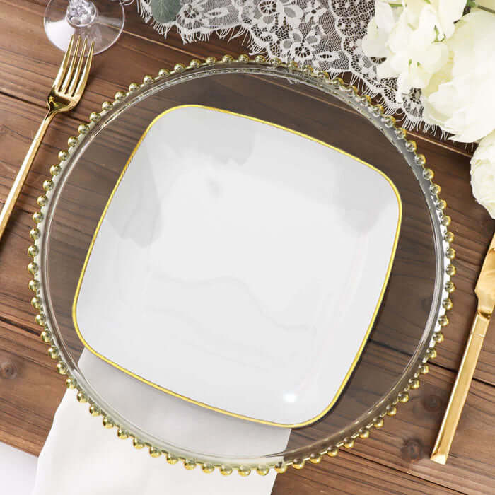 10-Pack Plastic 10 Square Dinner Plates in White with Gold Rim - Classy Disposable Lunch Party Plates for Weddings & Special Events