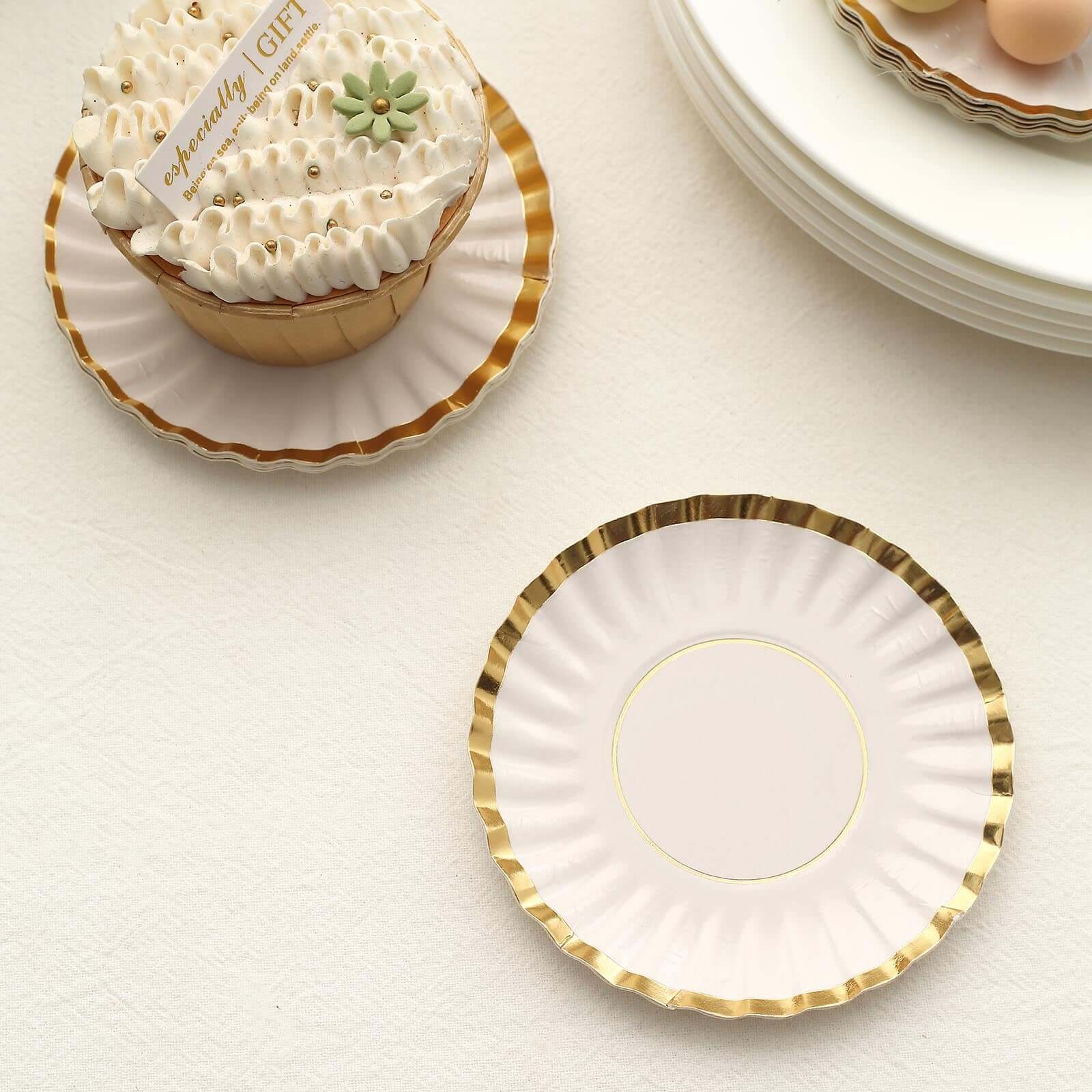 50-Pack Paper 3.5 Round Party Plates in White with Gold Scalloped Rim - Disposable Mini 250GSM Dessert Plates for Tapas, Appetizers & Finger Foods