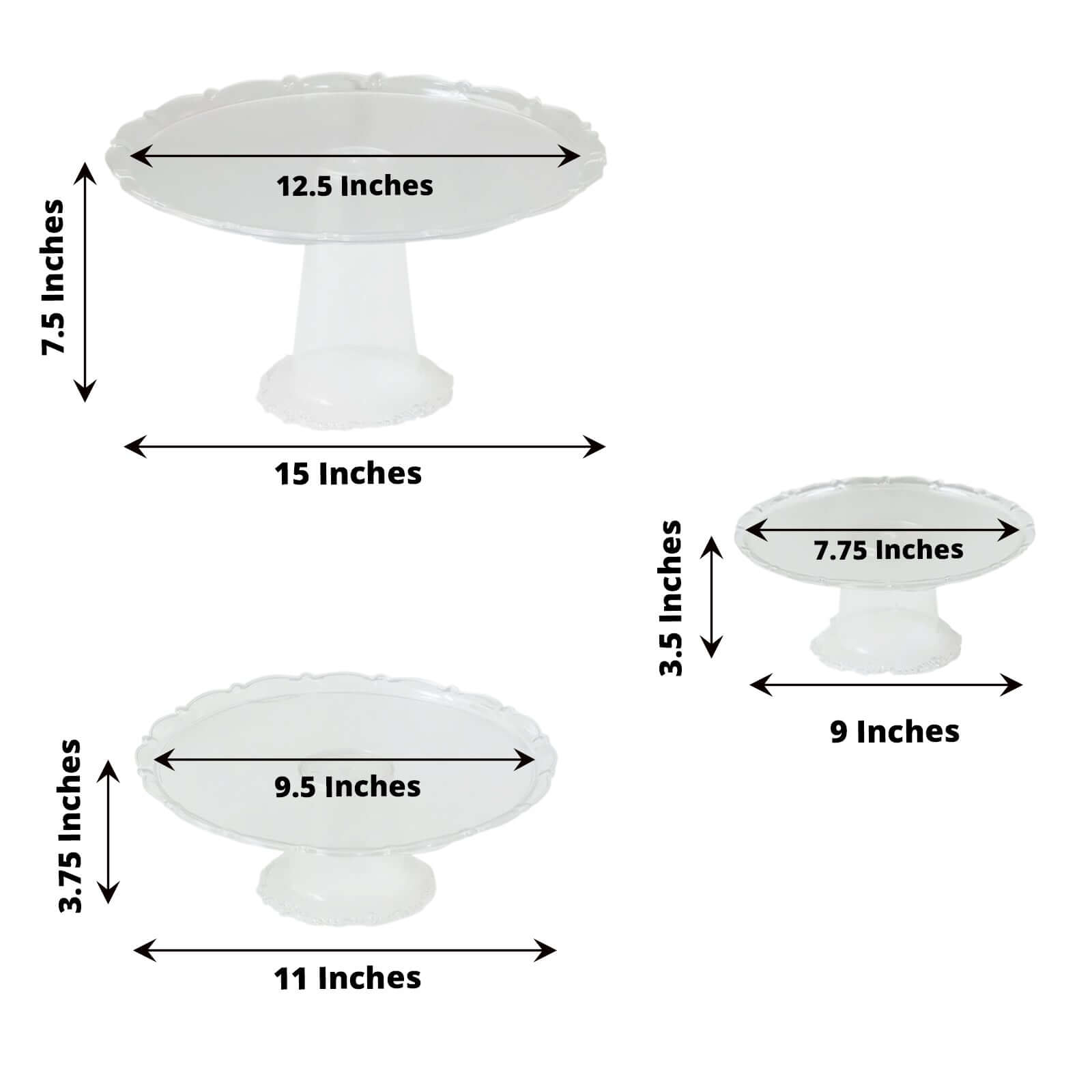 Set of 3 Plastic Round Pedestal Cake Stands Clear - Stackable Cupcake Display Holders with Scalloped Edges for Tea Parties Dessert Buffets & Banquets 9, 11, 15