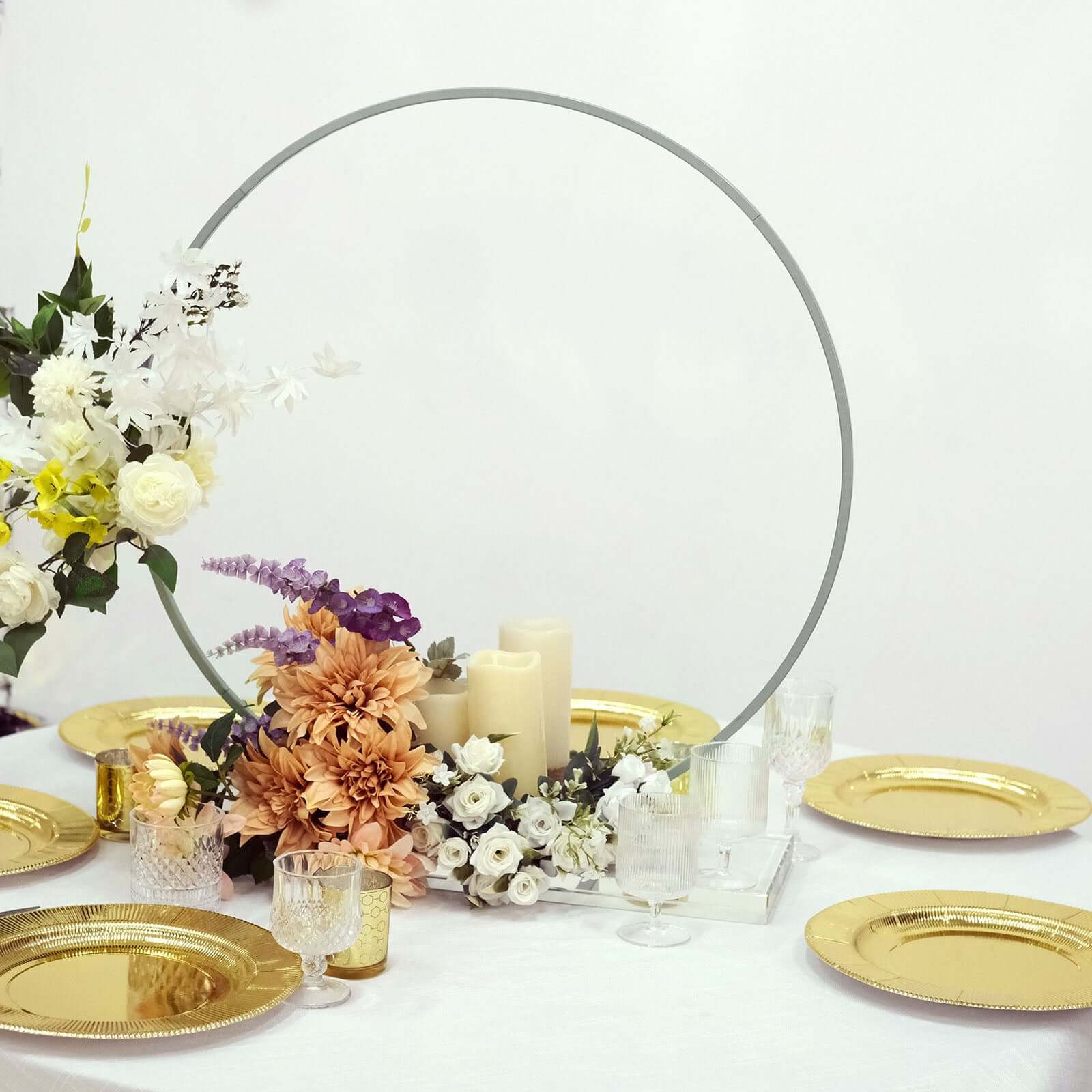 28 Silver Metal Round Hoop Wedding Centerpiece, Self Standing Table Floral Wreath Frame