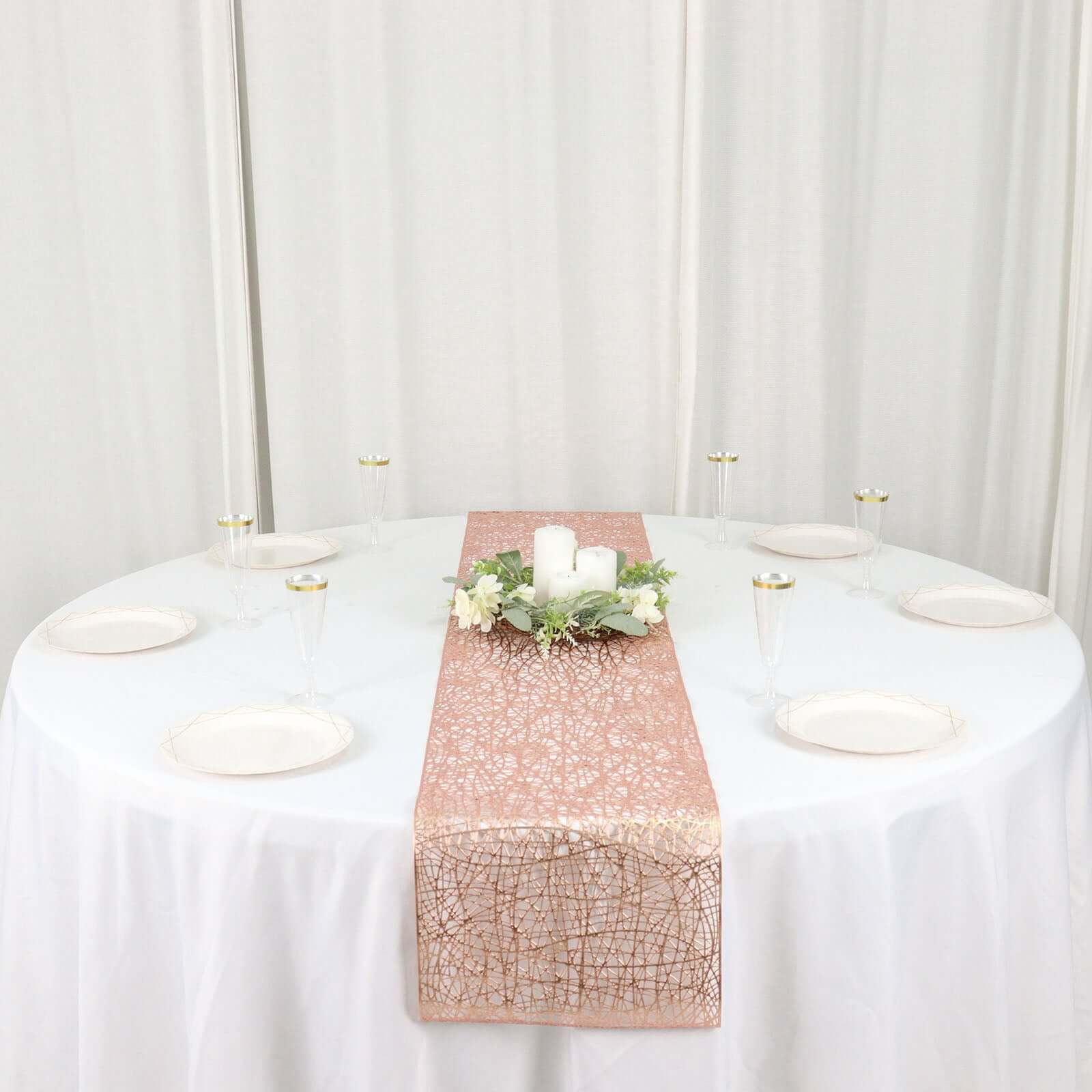 Plastic Woven Vinyl 13x6ft Table Runner Metallic Rose Gold - Non-Slip & Reversible Tabletop Decor