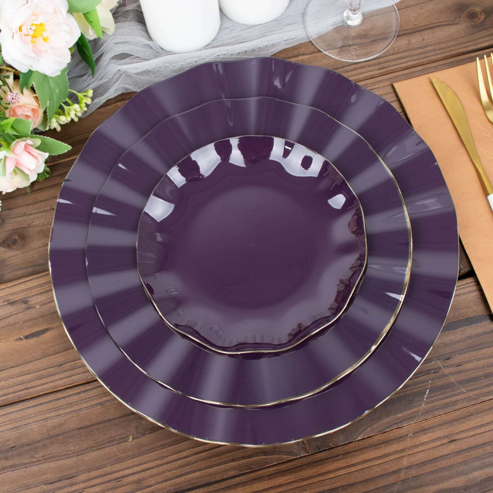 10-Pack Plastic Round 6 Dessert Plates in Purple Ruffled Rim with Gold Edging - Sturdy Disposable Salad Appetizer Dinnerware