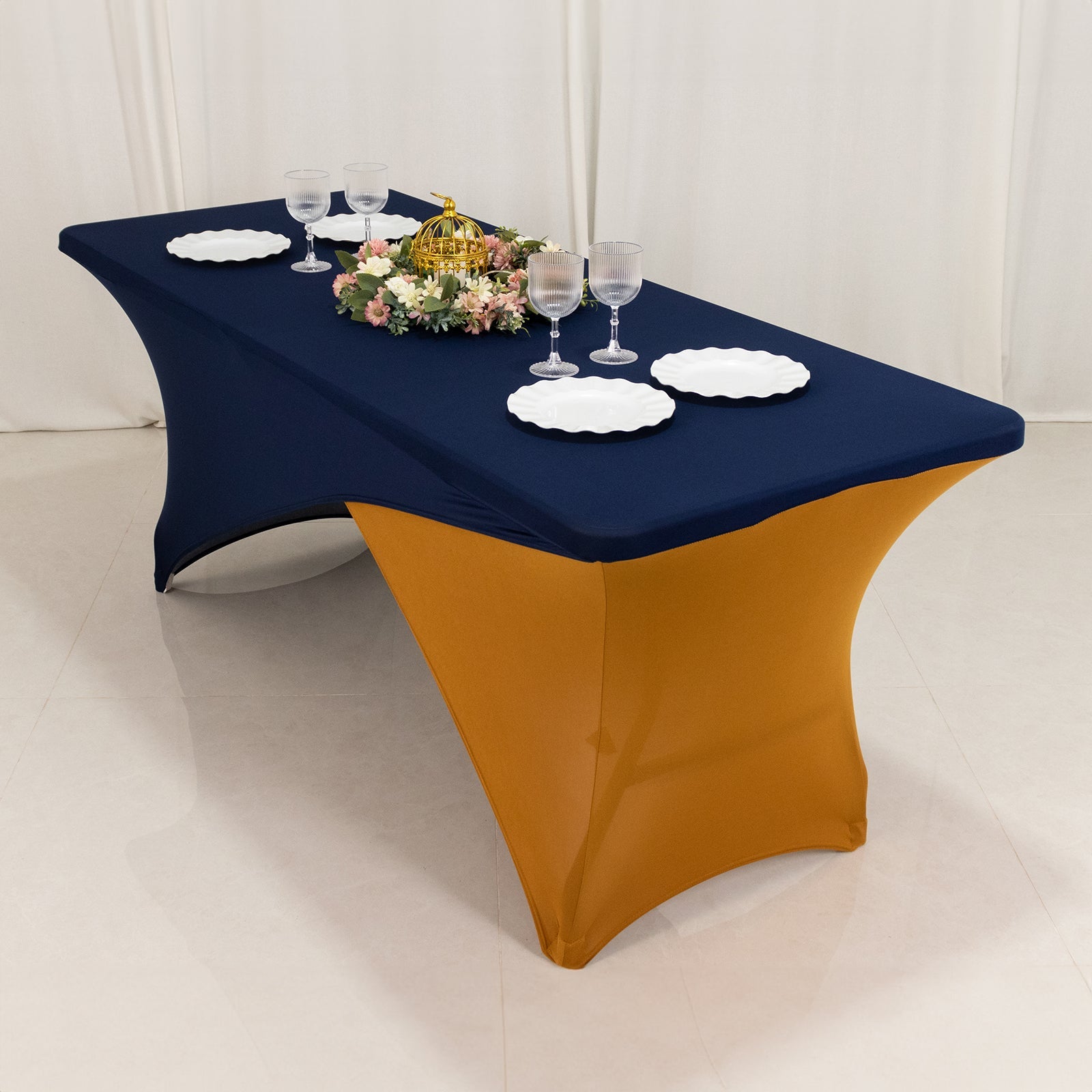 Stretch Spandex 72x30 Rectangle Table Cover Navy Blue/Gold Cross Over Design - Two-Piece Fitted Tablecloth with Elastic Foot Pockets