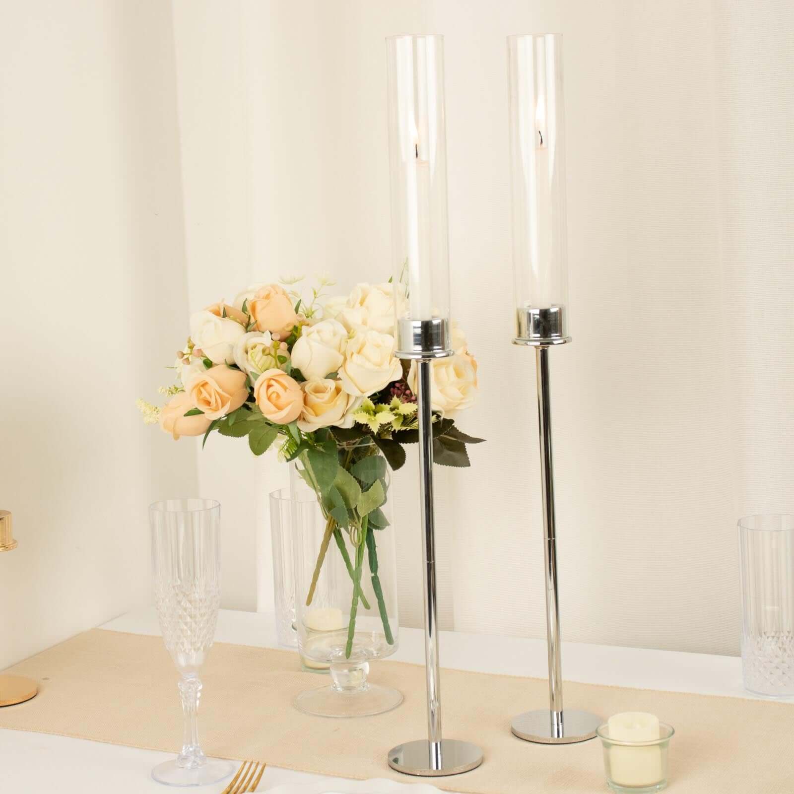 2-Pack Silver Metal Taper Candlestick Holders, Clear Glass Hurricane Candle Stands With Chimney Candle Shades 24