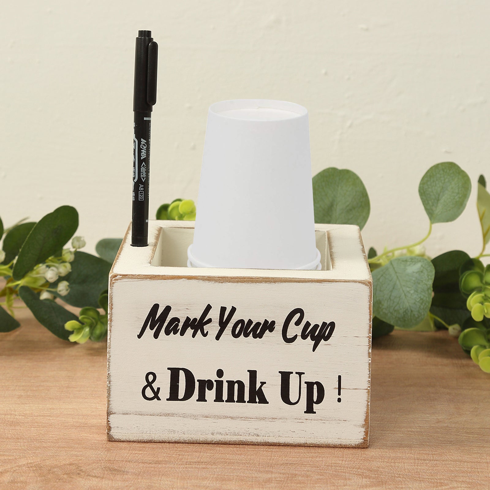 Rustic Wooden Solo Cup Holder Whitewashed with Black Marker - Farmhouse Party Dispenser Box 5.5