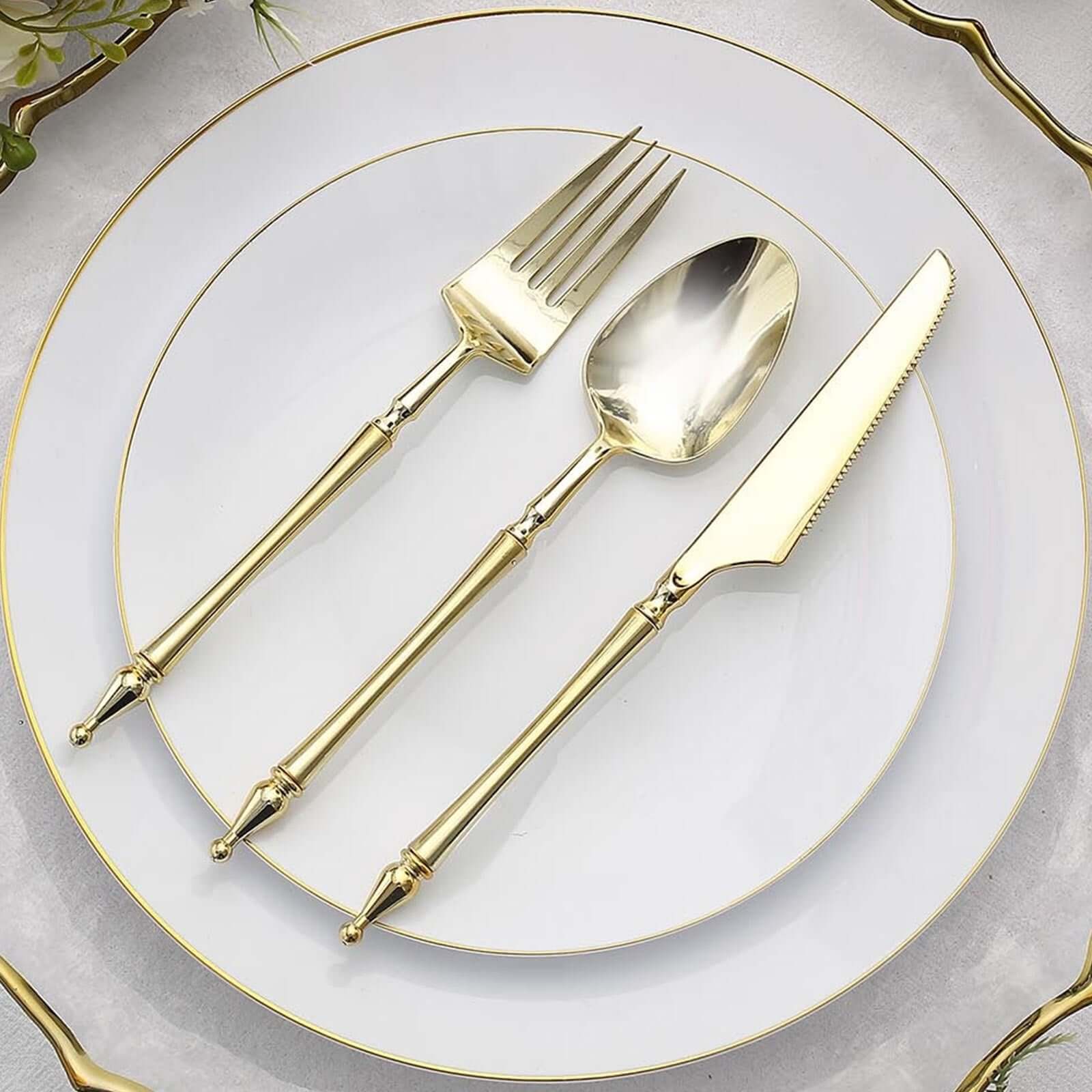 24-Pack Plastic Utensil Set with Roman Column Handle Gold - Disposable Silverware for Events