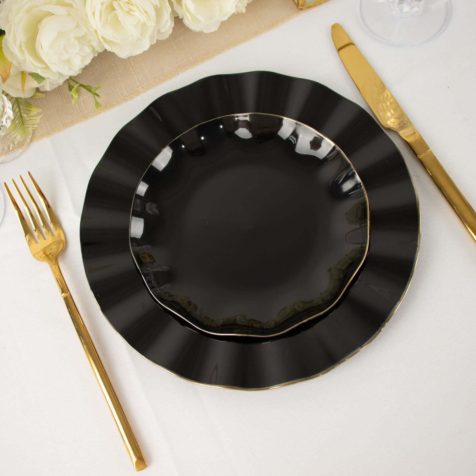 10-Pack Plastic Round 6 Dessert Plates in Black Ruffled Rim with Gold Edging - Sturdy Disposable Salad Appetizer Dinnerware