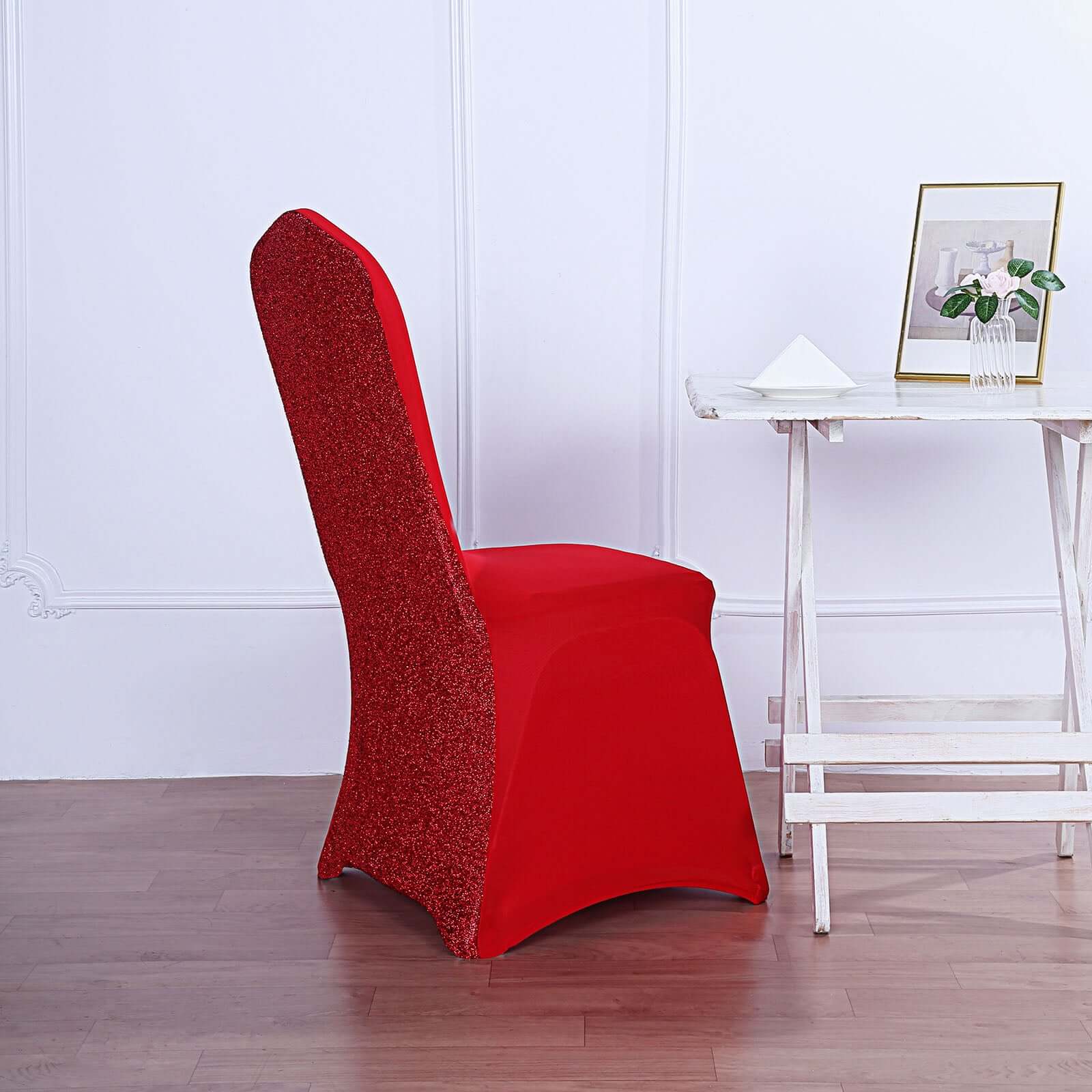 Spandex Chair Cover with Metallic Shimmer Tinsel Back for Banquet Chairs Red - Fitted Slipcover