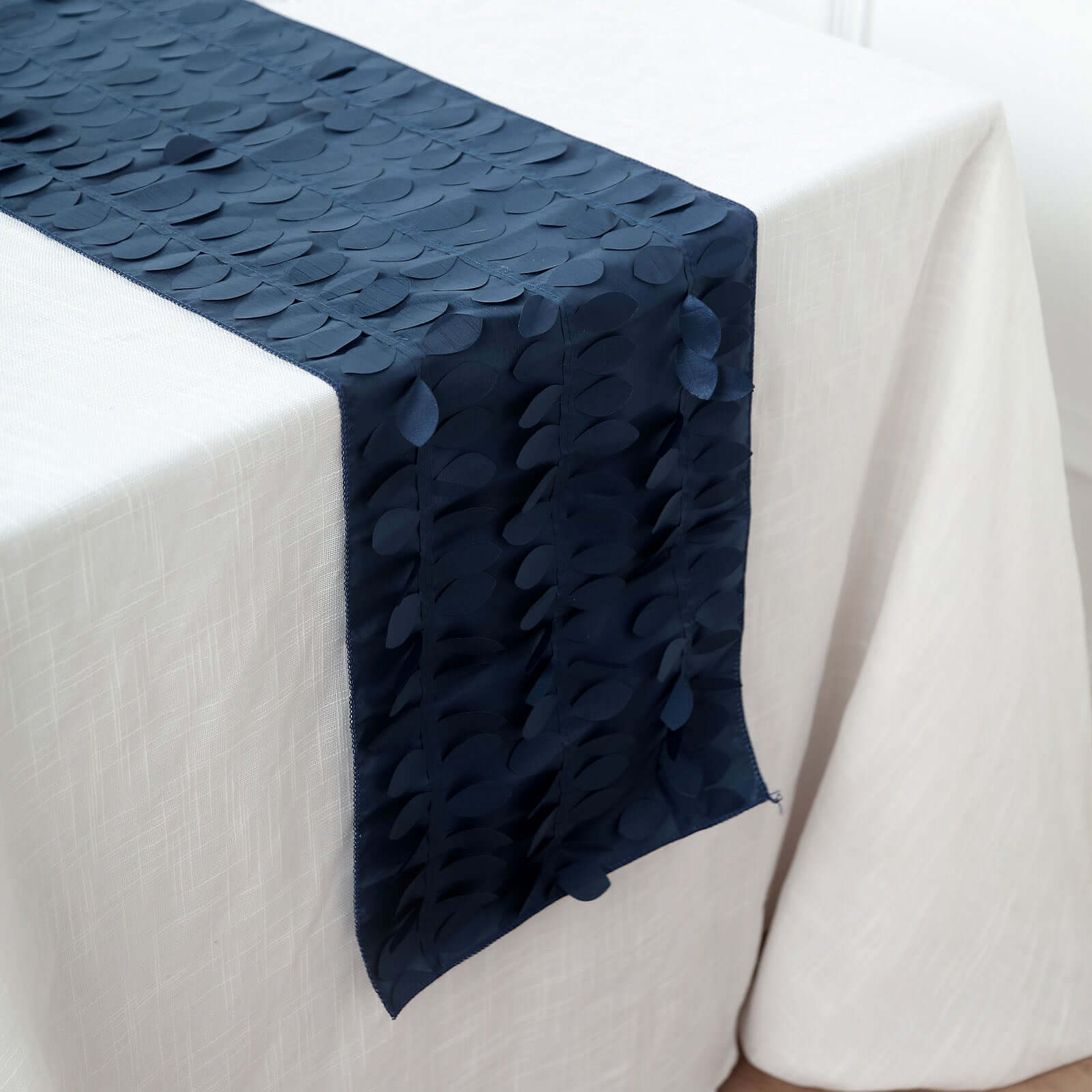 Taffeta Fabric 12x108 Table Runner Navy Blue - 3D Leaf Petal Design