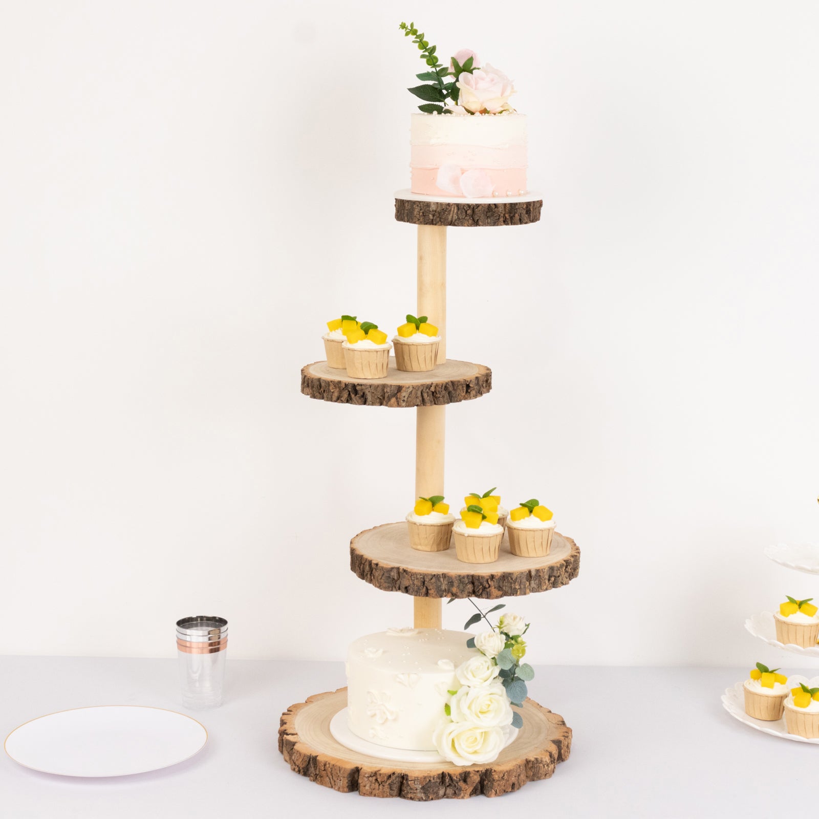 4-Tier Wooden Cupcake Tower Stand Rustic Natural Wood Slice Design - Farmhouse Style Dessert Display 29