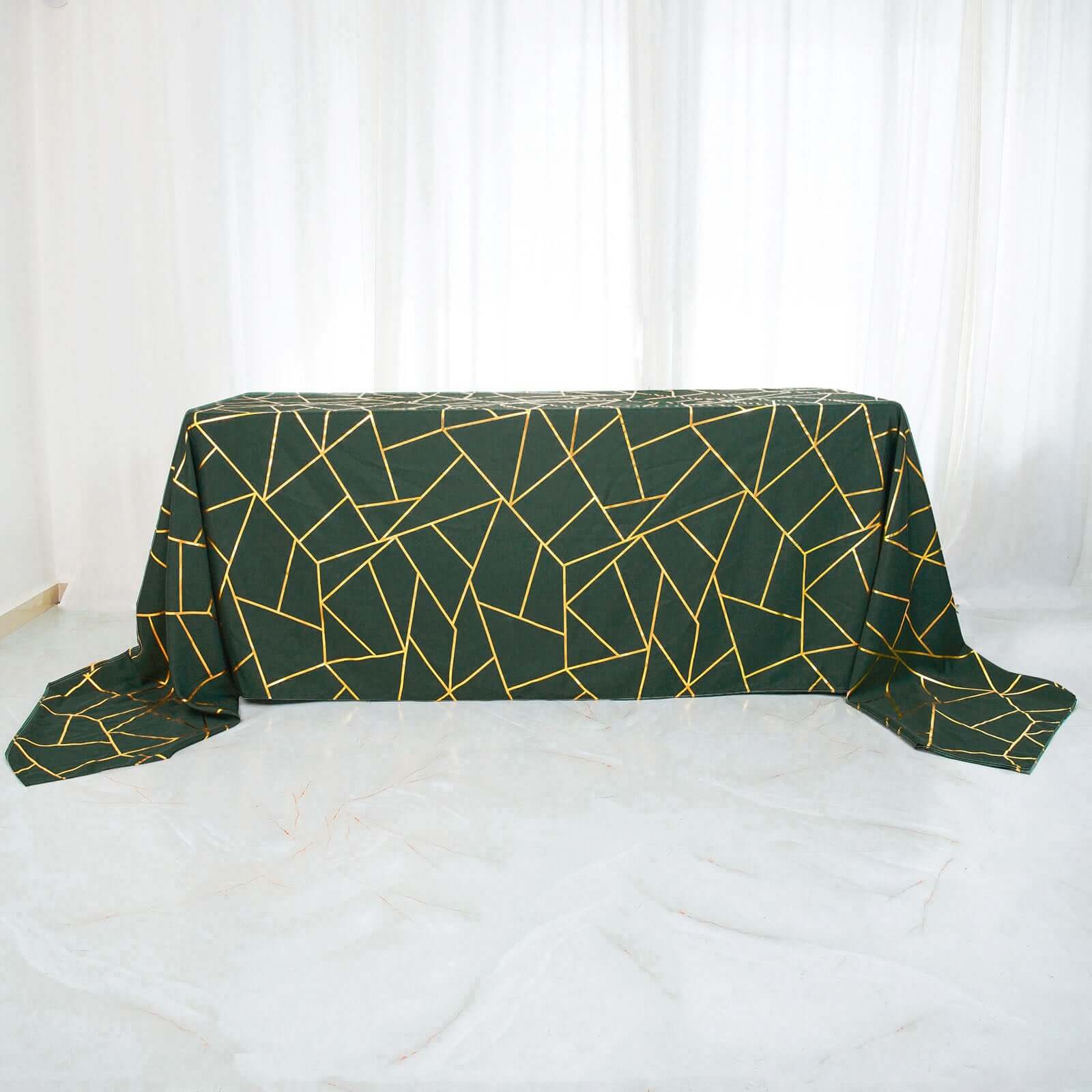 Polyester 90x132 Rectangle Tablecloth Hunter Emerald Green with Gold Foil Geometric Pattern - Wrinkle-Resistant Seamless Table Cover