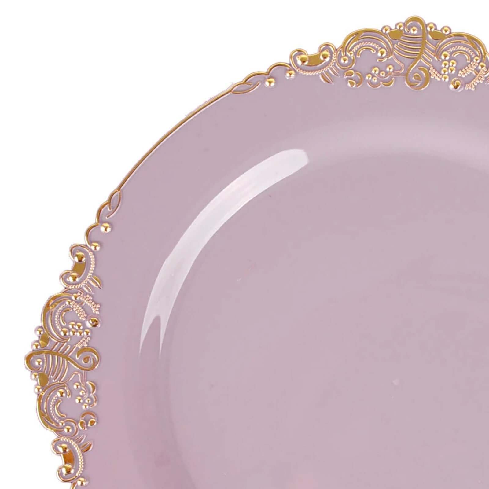 10-Pack Plastic 10 Round Dinner Plates in Lavender Lilac with Gold Leaf Embossed Rim - Disposable Vintage Baroque Style Plates