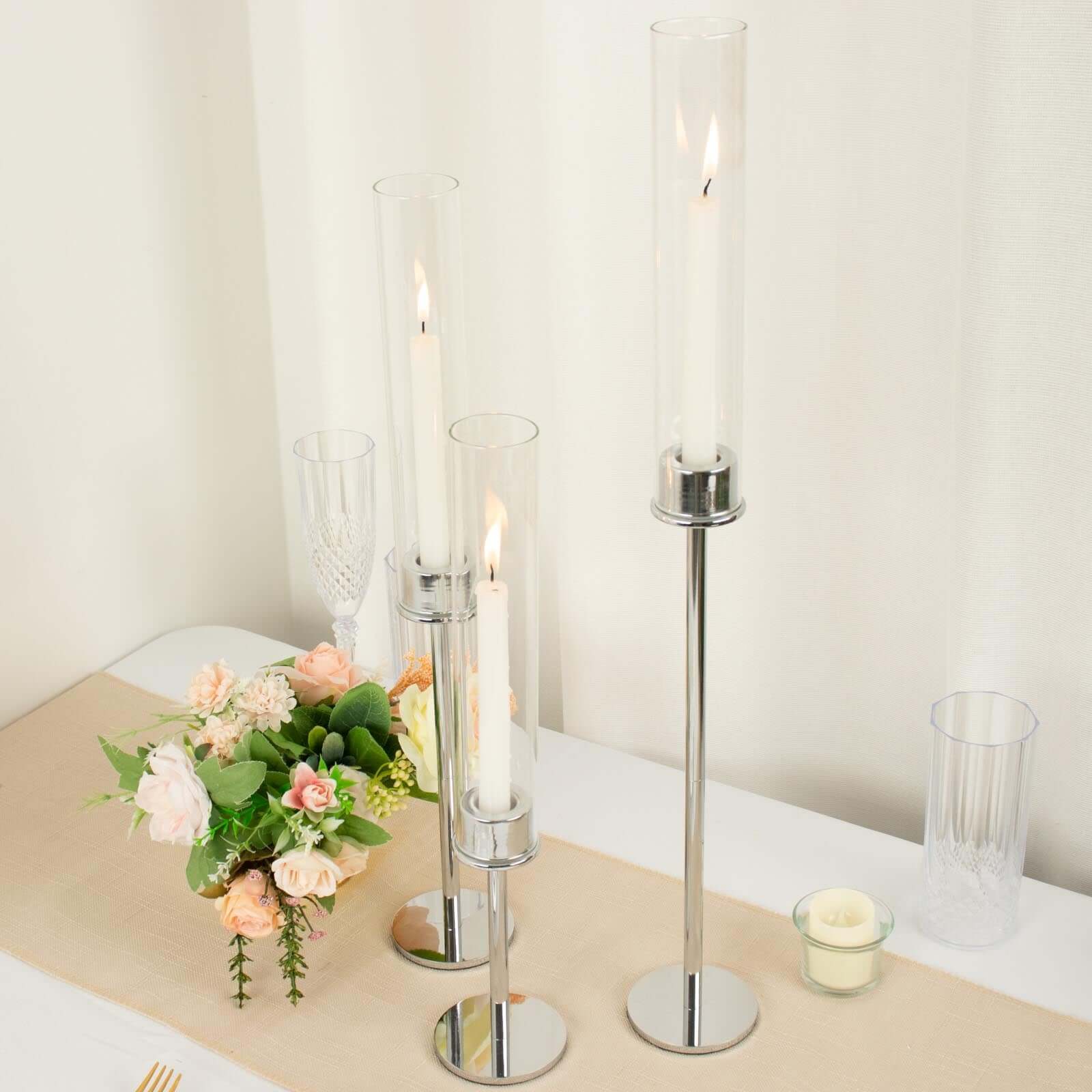 Set of 3 Tall Silver Metal Taper Candlestick Holders, Clear Glass Hurricane Candle Stands With Chimney Candle Shades 16, 20, 24