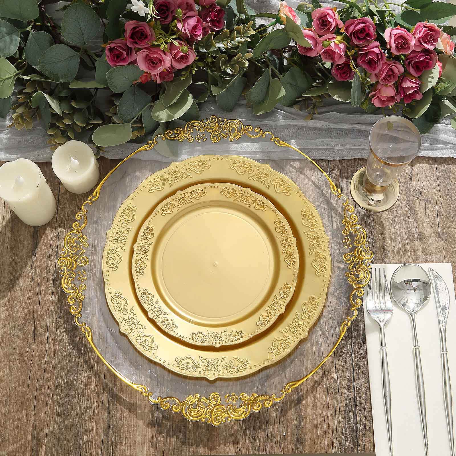 10-Pack Plastic 7.5 Round Appetizer Plates Gold Embossed Scalloped Edge - Chic Disposable Salad Plates for Special Occasions & Banquets