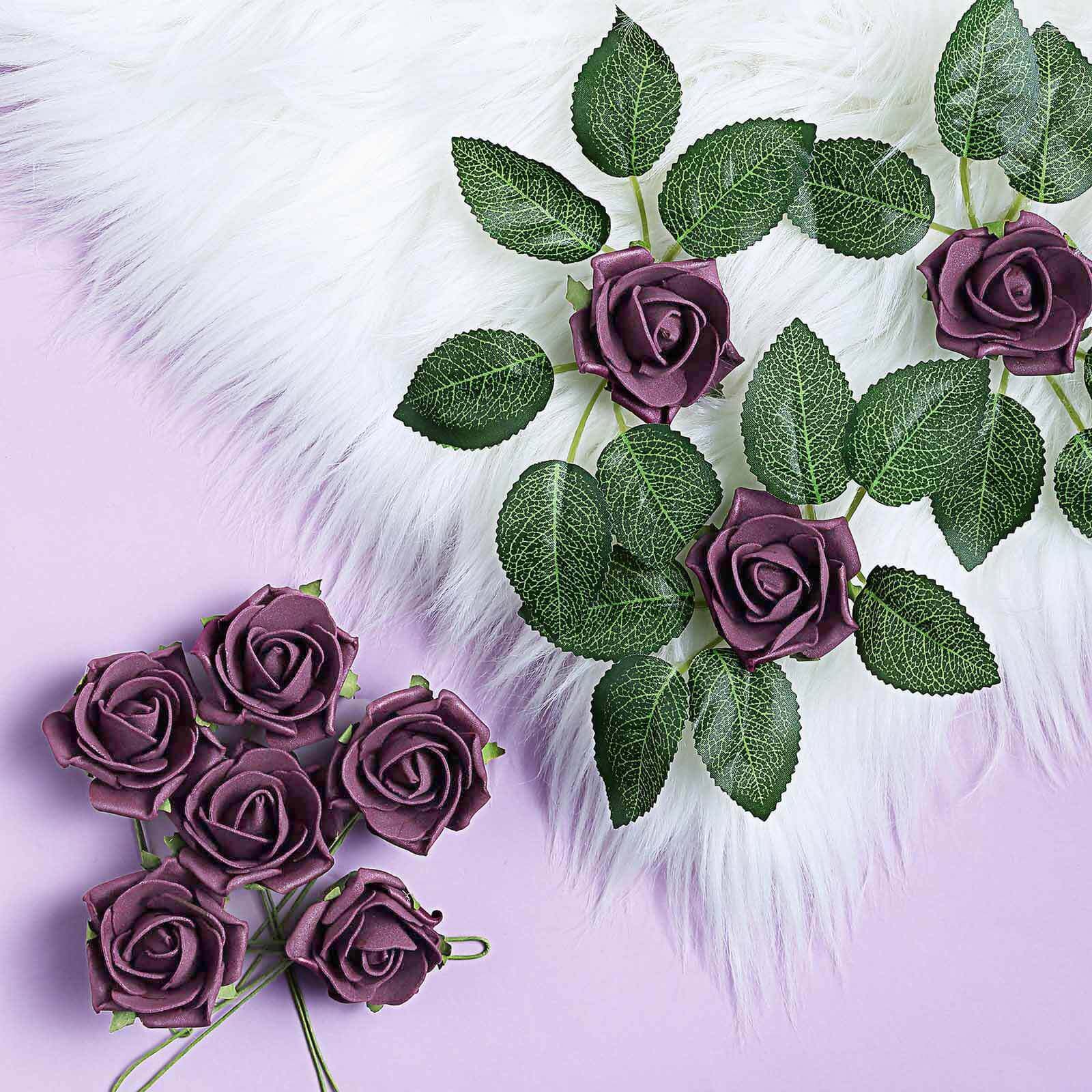 24 Roses 2 Eggplant Artificial Foam Flowers With Stem Wire and Leaves