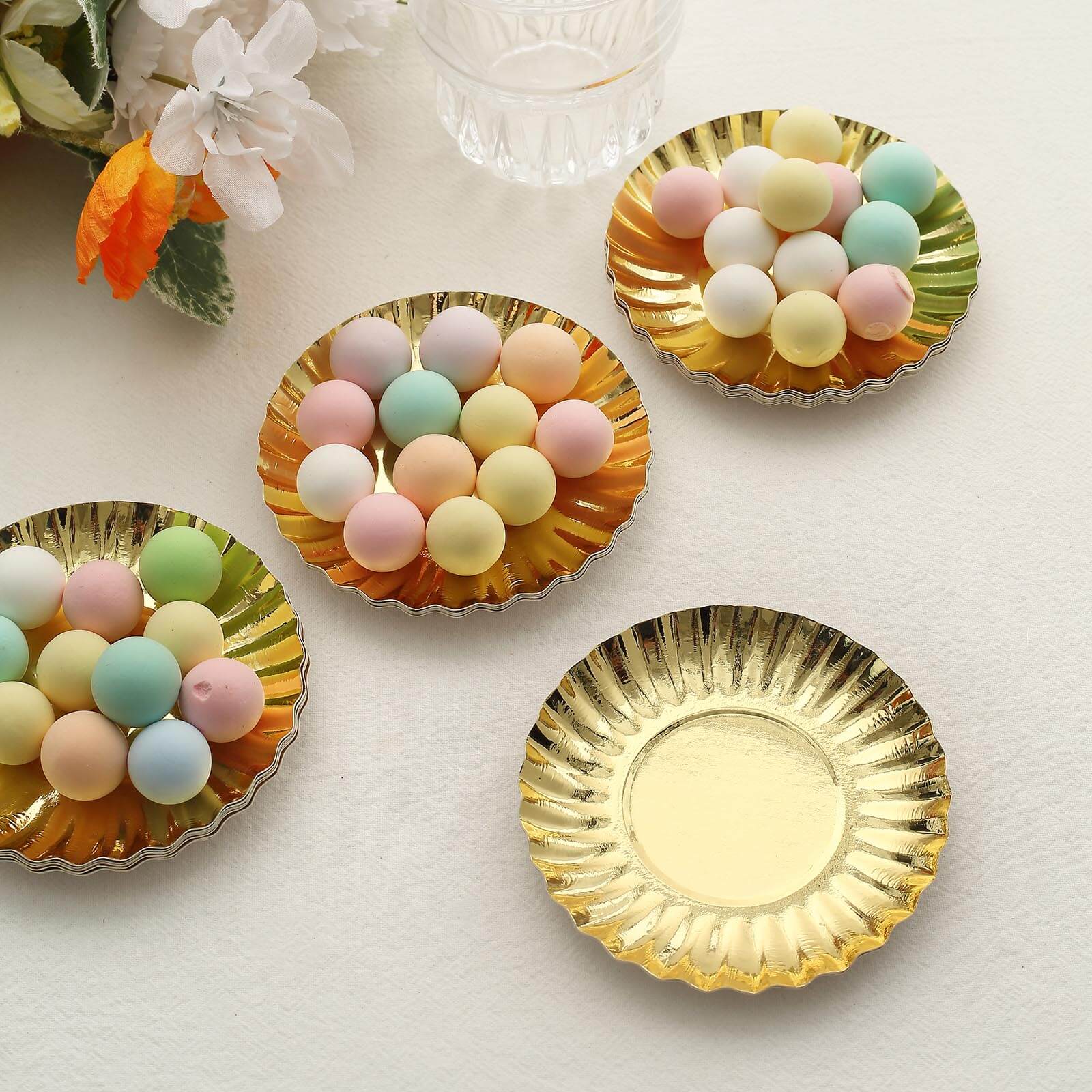 50-Pack Paper 3.5 Round Party Plates in Metallic Gold with Scalloped Rim - Disposable Mini 250GSM Dessert Plates for Tapas, Appetizers & Finger Foods