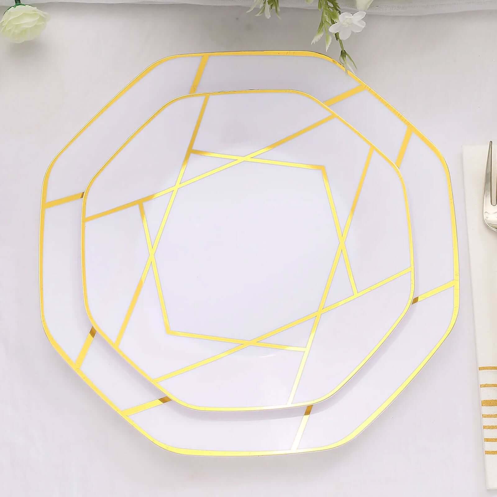 10-Pack Plastic 8 Octagon Dessert Plates in White - Modern Disposable Salad/Appetizer Plates with Gold Geometric Design for Special Occasions & Celebrations