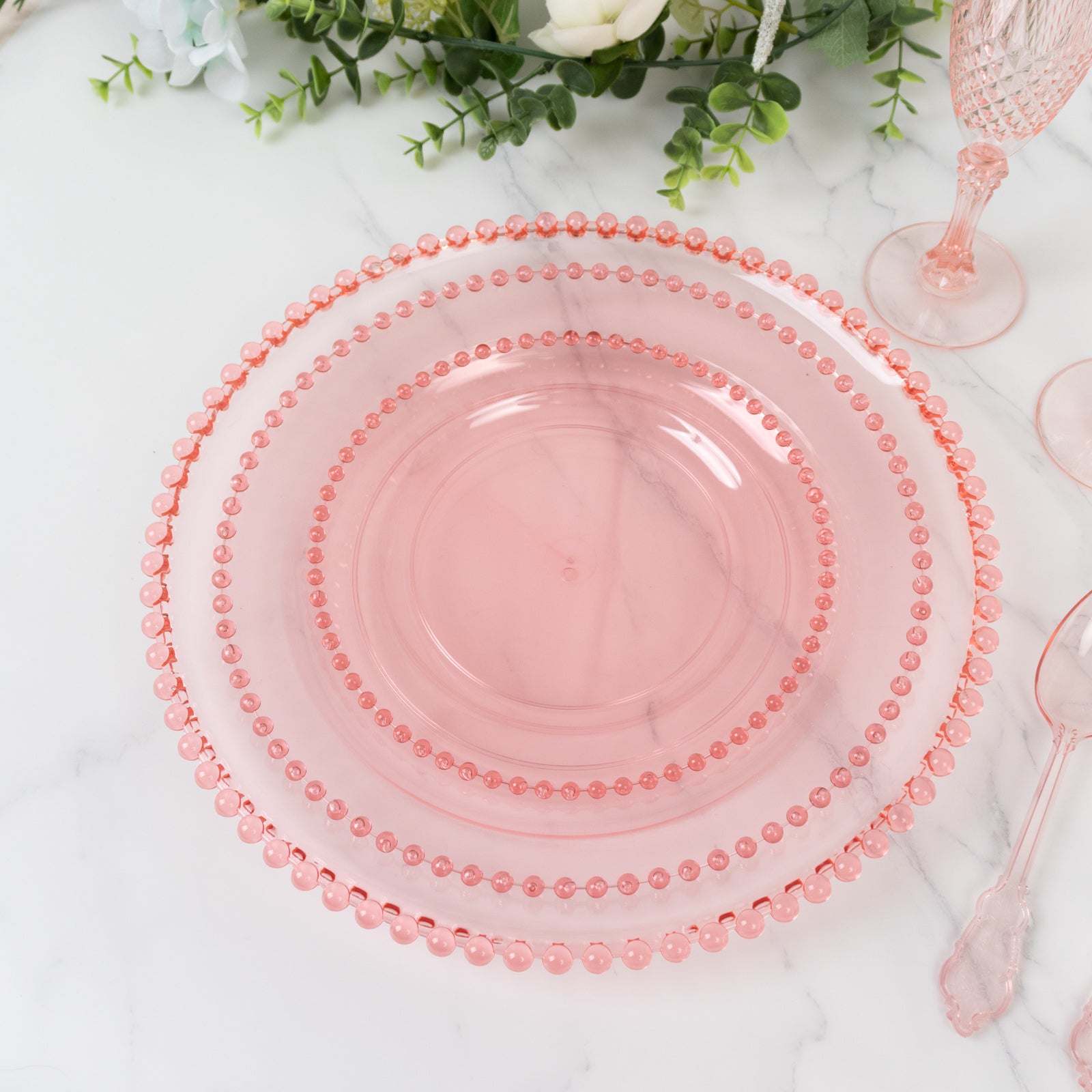 6-Pack Acrylic Round Charger Plates 13 in Transparent Blush with Beaded Rim, Decorative Dinner Party Serving Plates