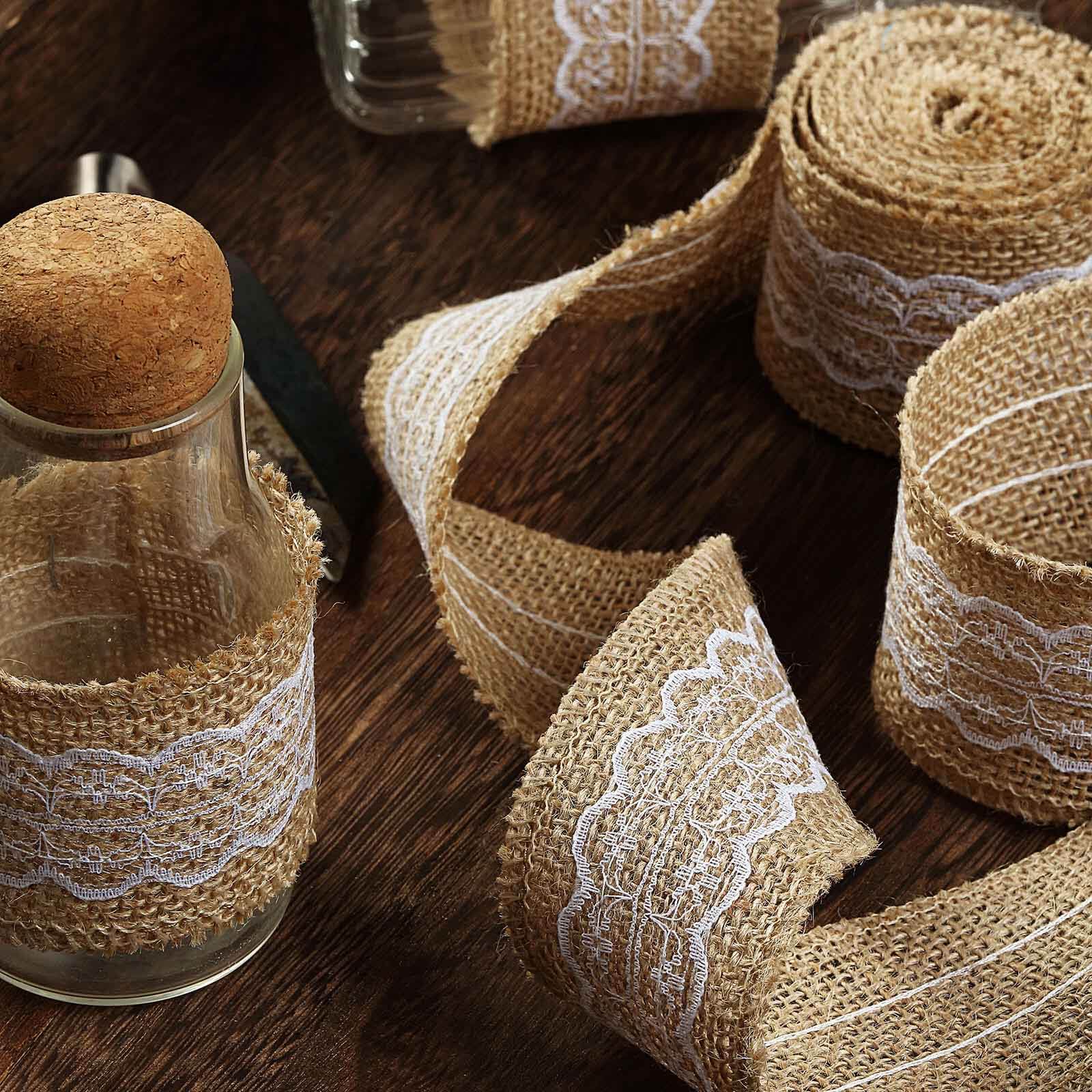 2 x 16FT Natural Jute Burlap Ribbon With Wavy Lace