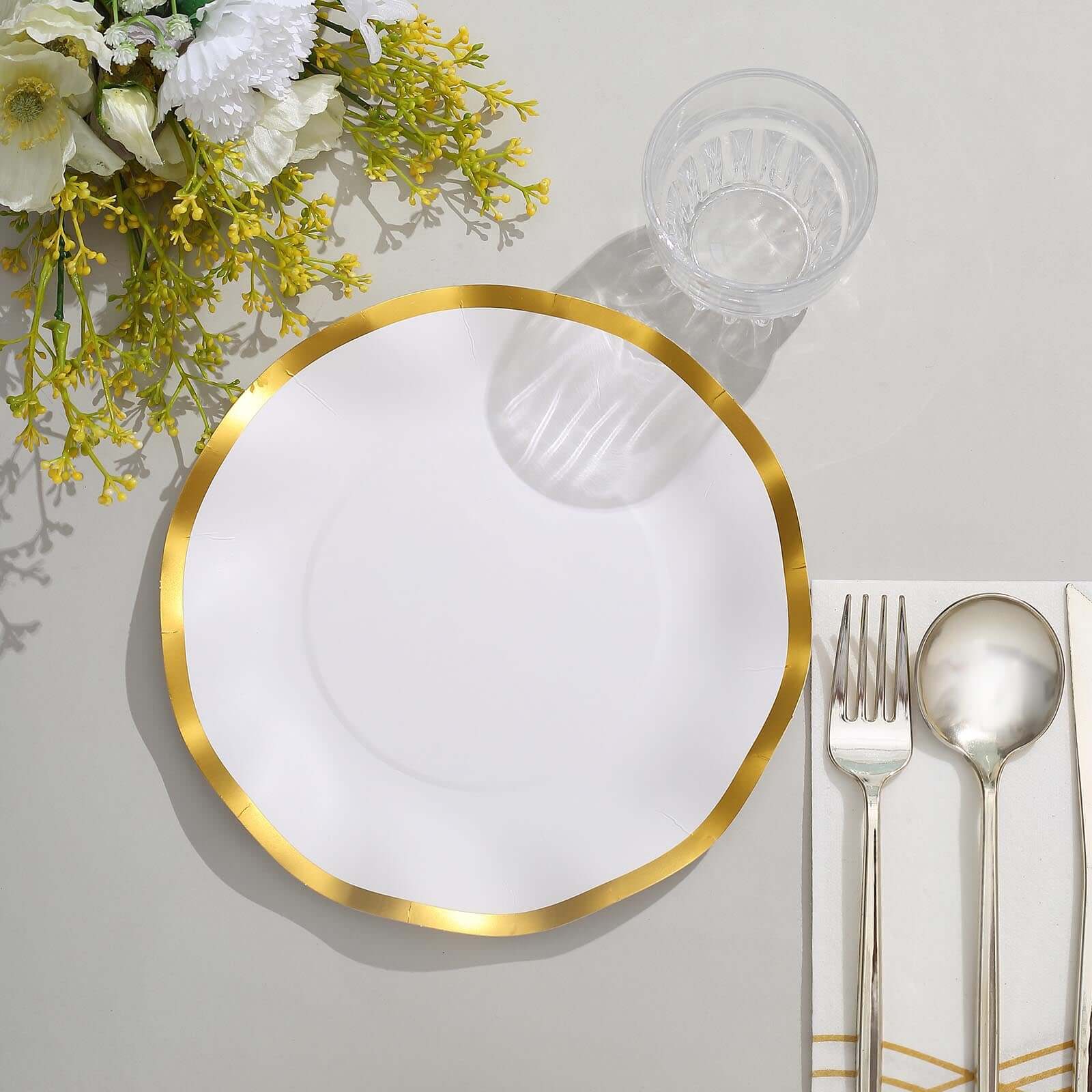 25-Pack Paper Round Dessert Plates 8 Matte White with Gold Wavy Rim - Disposable 350GSM Salad Plates for Banquets & Upscale Gatherings