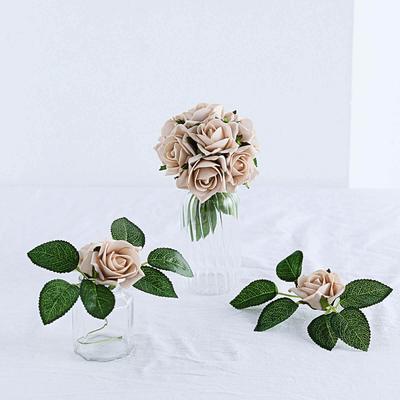 24 Roses 2 Champagne Artificial Foam Flowers With Stem Wire and Leaves