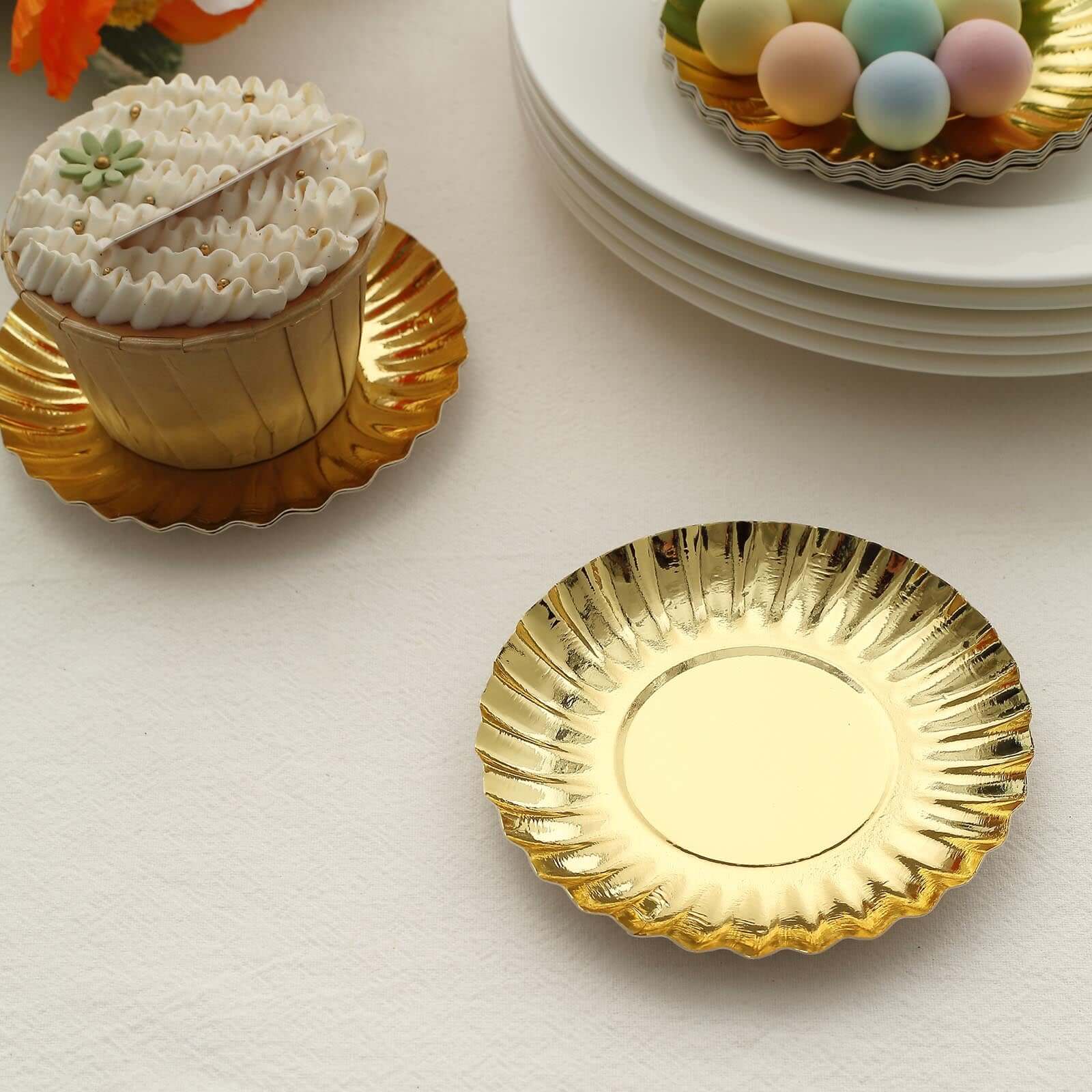 50-Pack Paper 3.5 Round Party Plates in Metallic Gold with Scalloped Rim - Disposable Mini 250GSM Dessert Plates for Tapas, Appetizers & Finger Foods