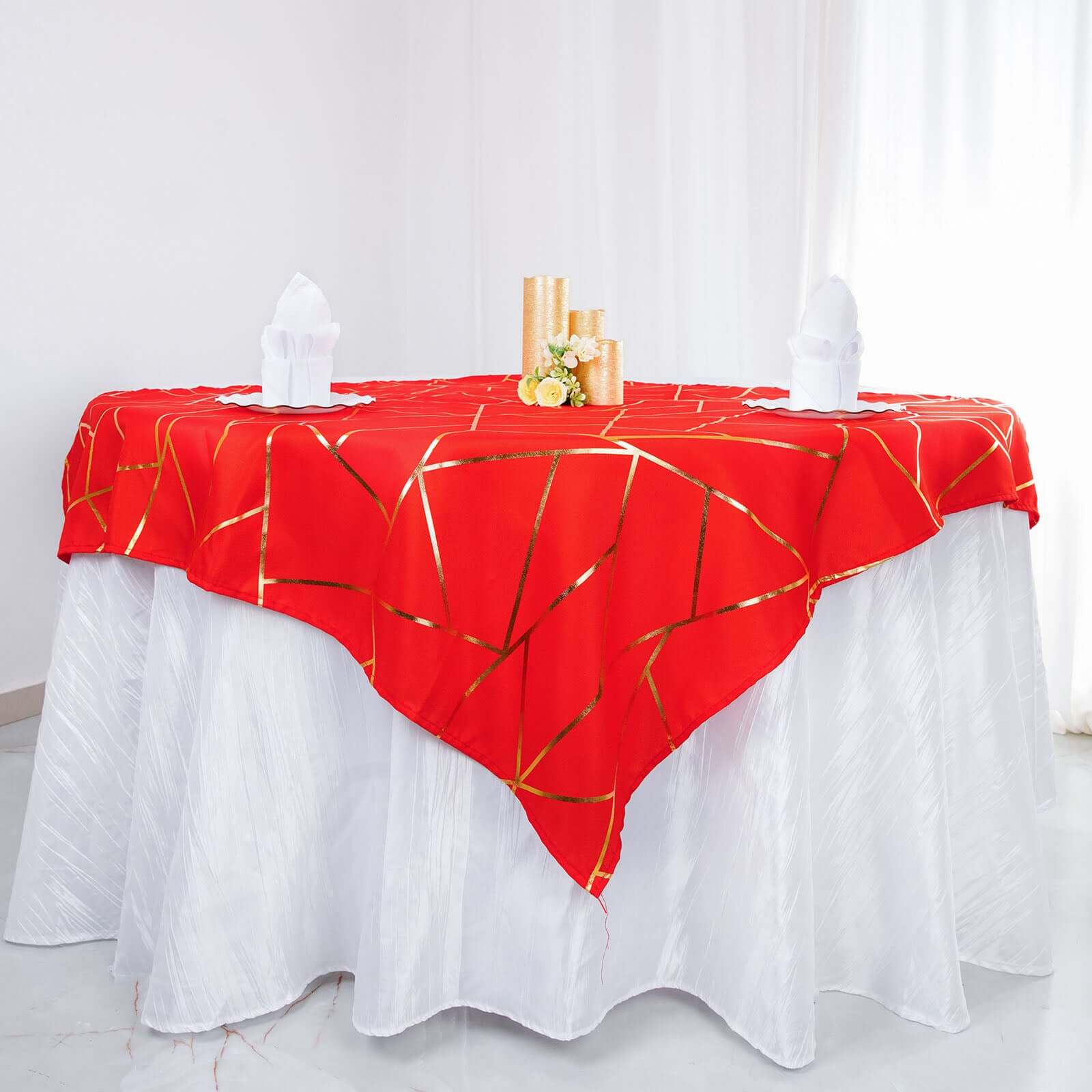 Polyester 54x54 Table Overlay Square Tablecloth Red with Gold Foil Geometric Pattern - Wrinkle-Resistant & Durable Table Topper