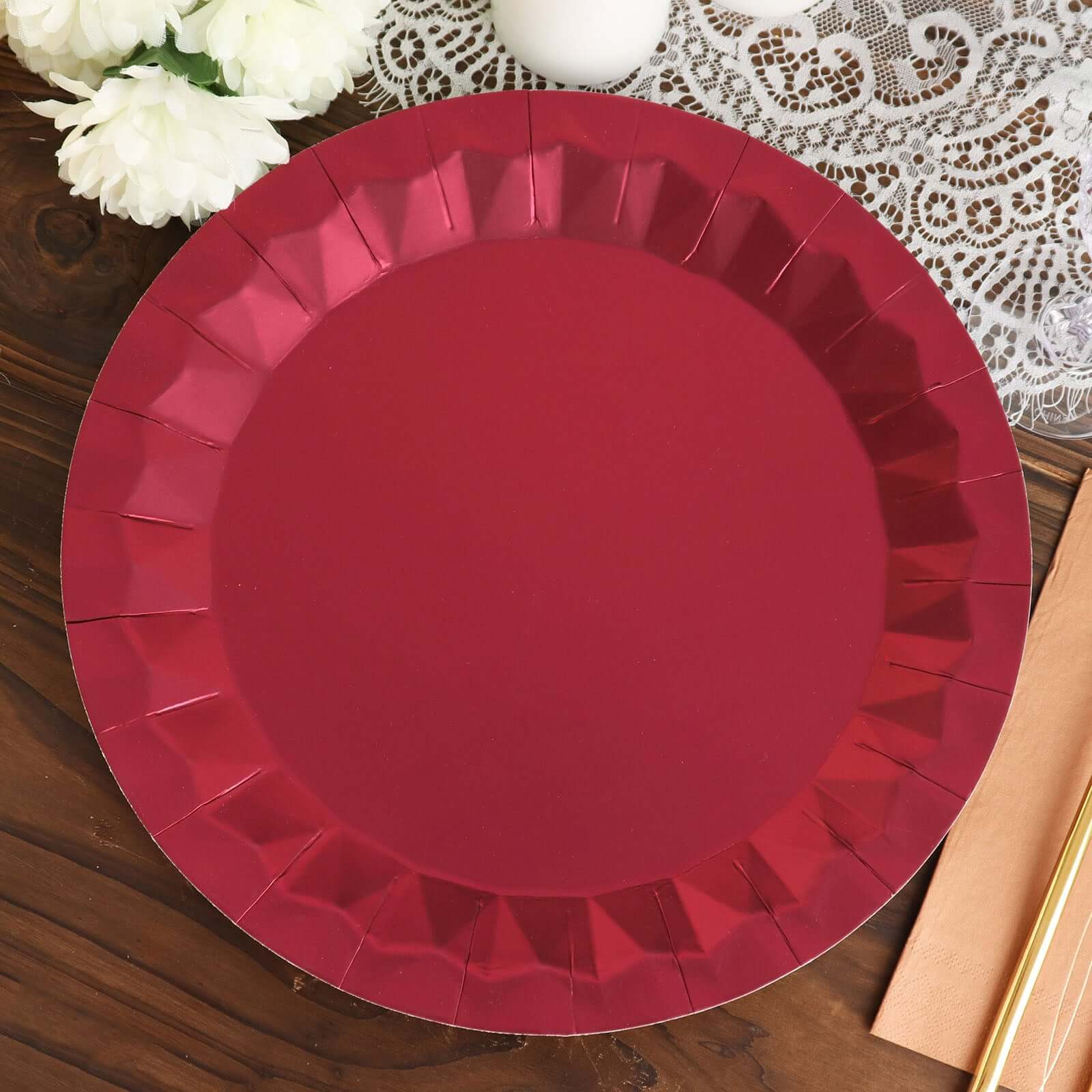 25-Pack Paper 12 Round Charger Plates in Burgundy with Geometric Prism Design - Disposable 400GSM Serving Trays