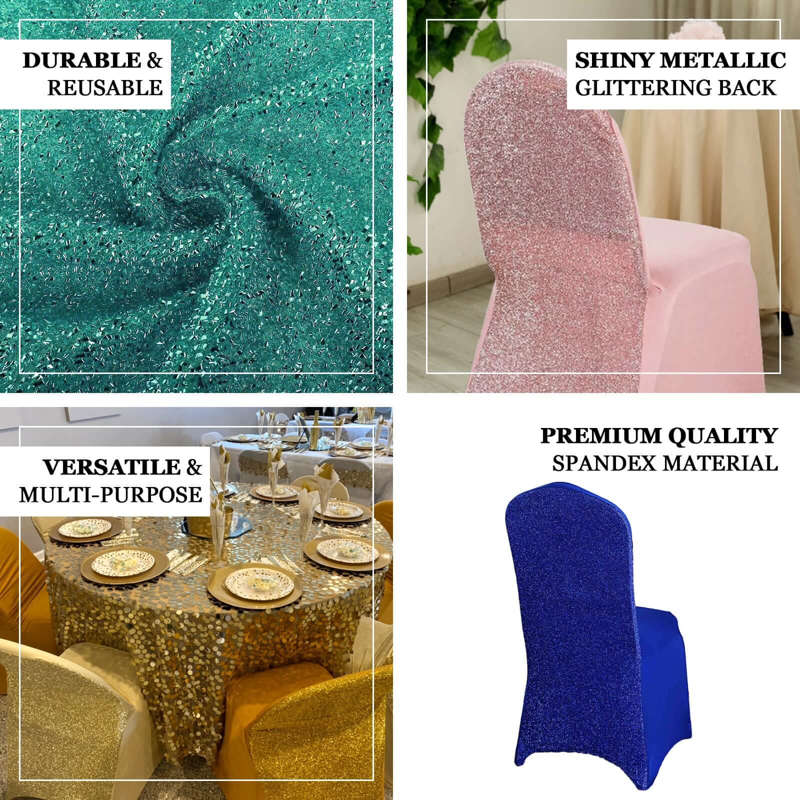 Spandex Chair Cover with Metallic Shimmer Tinsel Back for Banquet Chairs Royal Blue - Fitted Slipcover