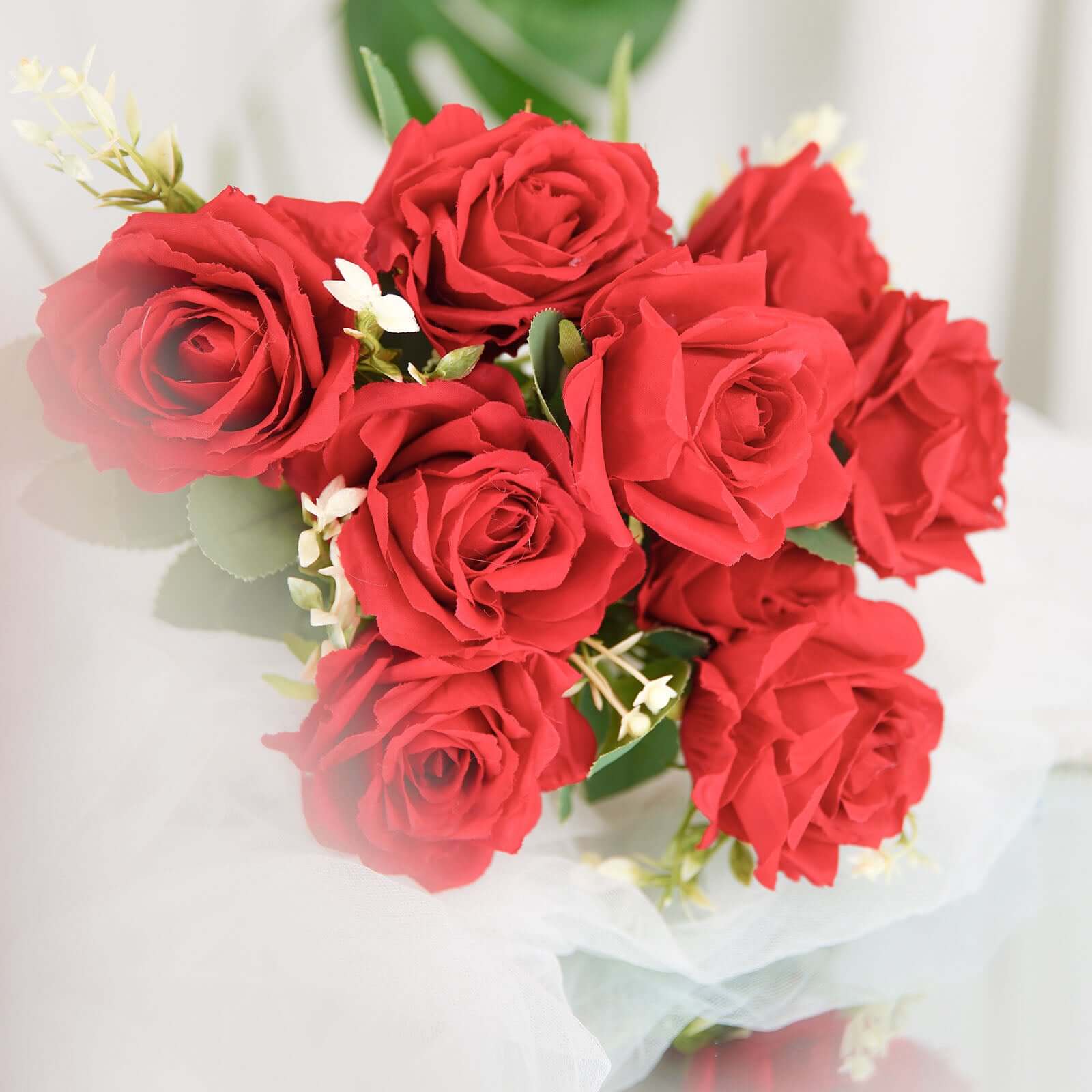 2 Bushes 18 Real Touch Red Artificial Rose Flower Bouquet, Silk Long Stem Flower Arrangements