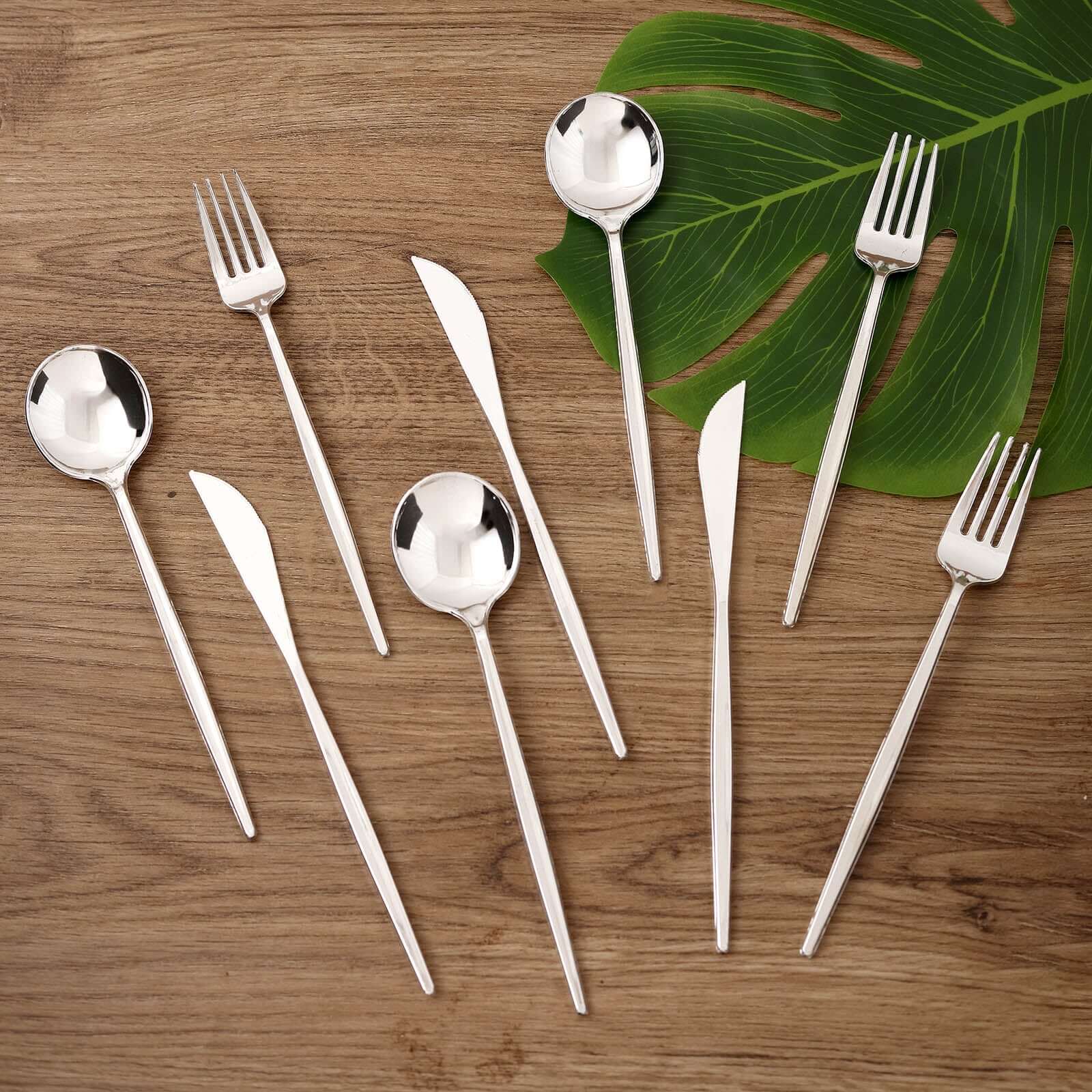 24-Pack Plastic Flatware Set with Sleek Modern Design Silver - Premium Disposable Silverware 8