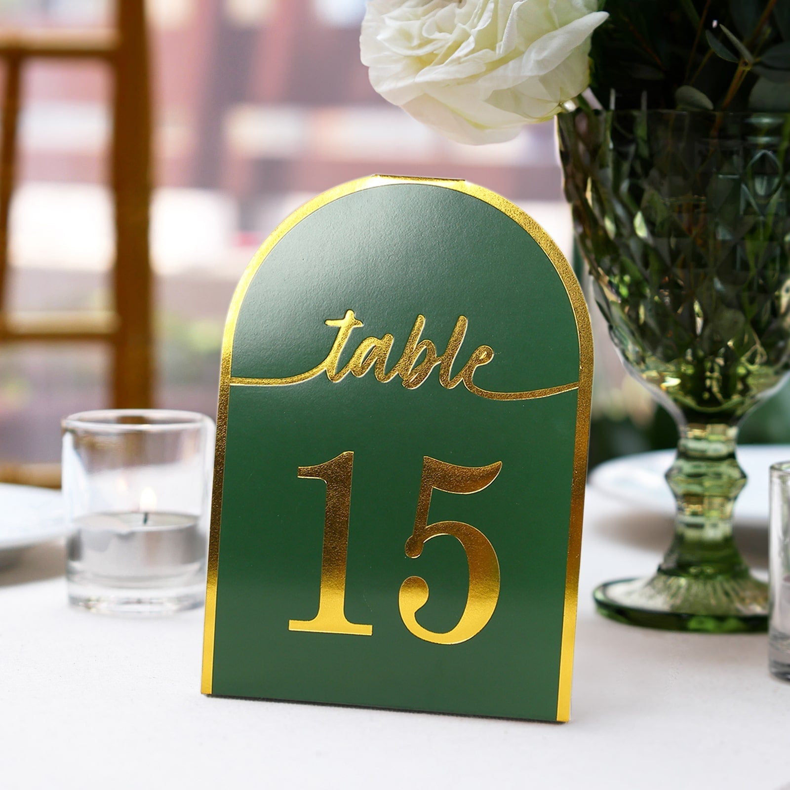 25-Pack Paper Wedding Table Numbers 1-25 Hunter Emerald Green Arch Cutout Design - Sleek & Modern Free Standing Double Sided Table Tent Cards with Metallic Gold Foil Numbers 7