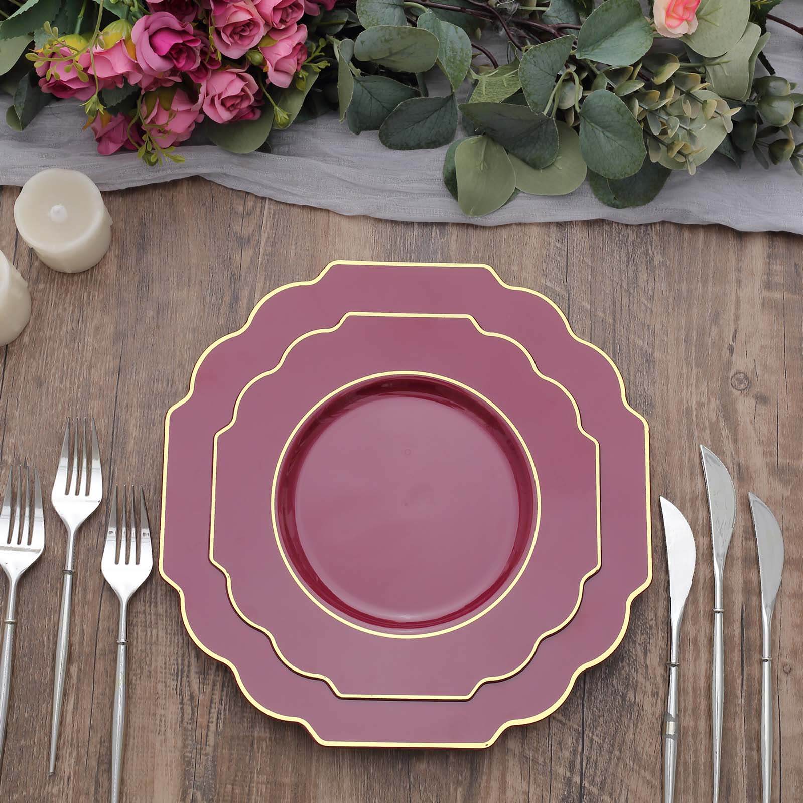 10-Pack Plastic Dinner Plates in Burgundy Baroque Design with Scalloped Gold Rim - Heavy Duty Disposable Party Plates 11