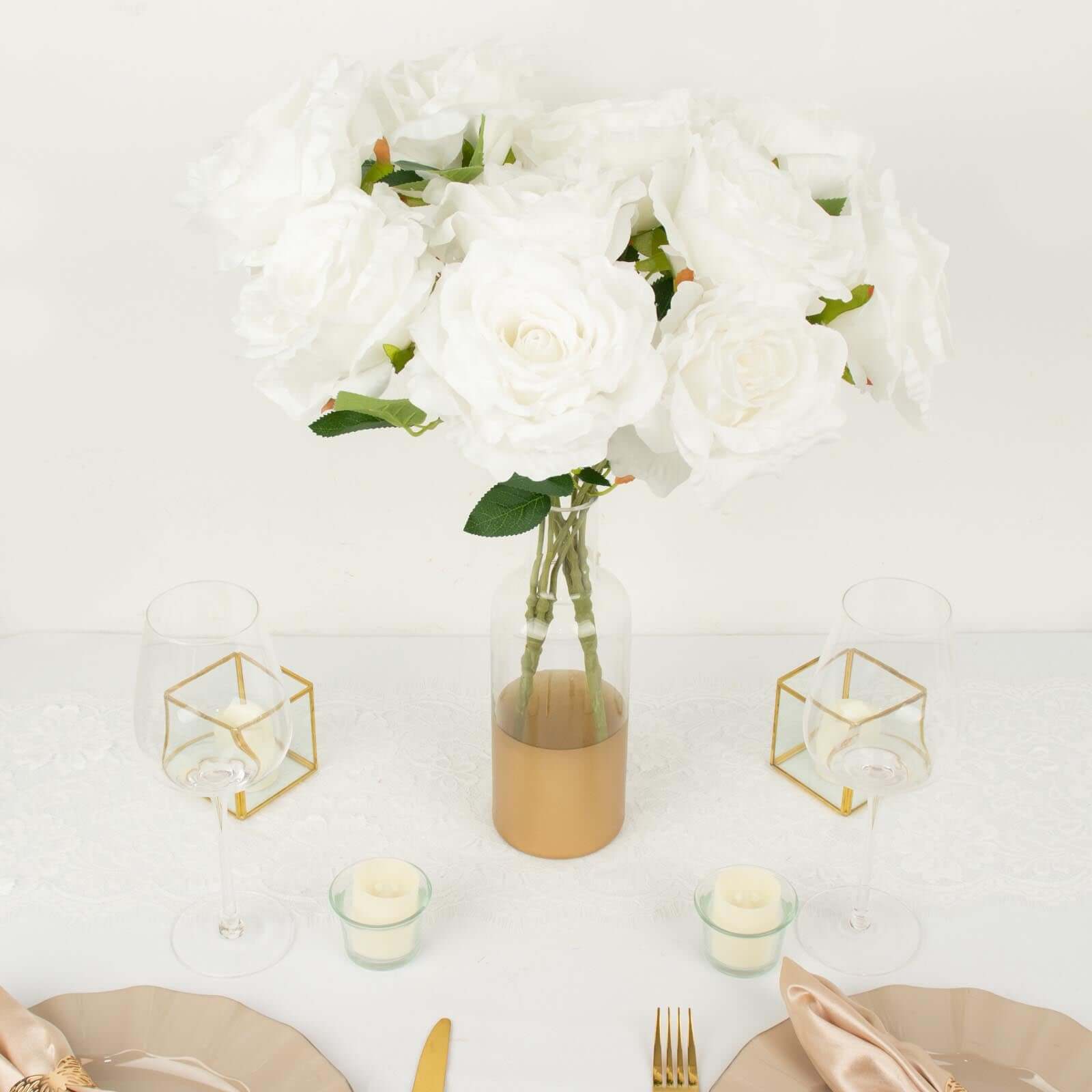 2 Bushes 17 White Premium Silk Jumbo Rose Flower Bouquet, High Quality Artificial Wedding Floral Arrangements