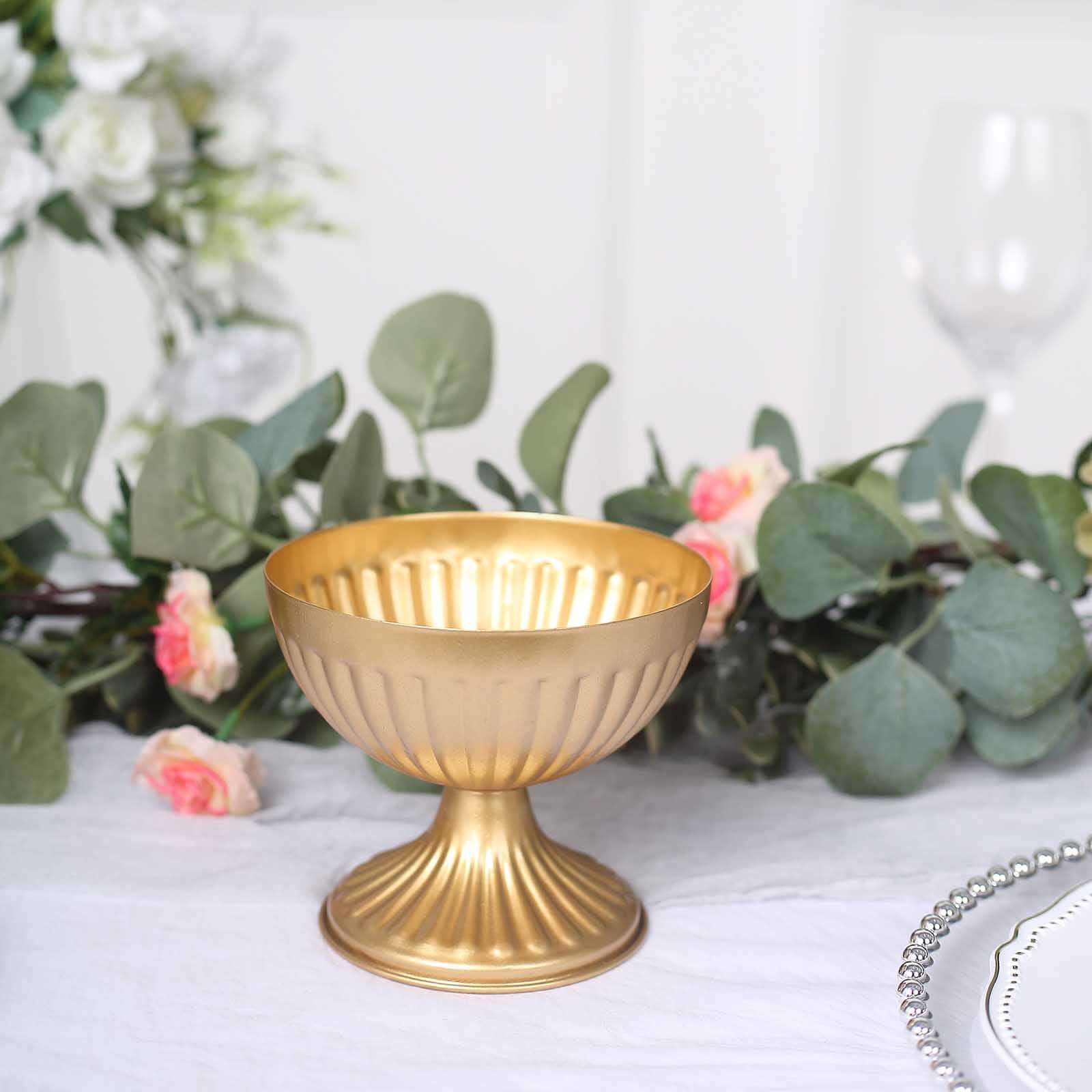 2-Pack Metal Pedestal Flower Vases Ribbed Bowl Style Gold - Antique Mini Compote Vase for Sophisticated Wedding Centerpieces 4